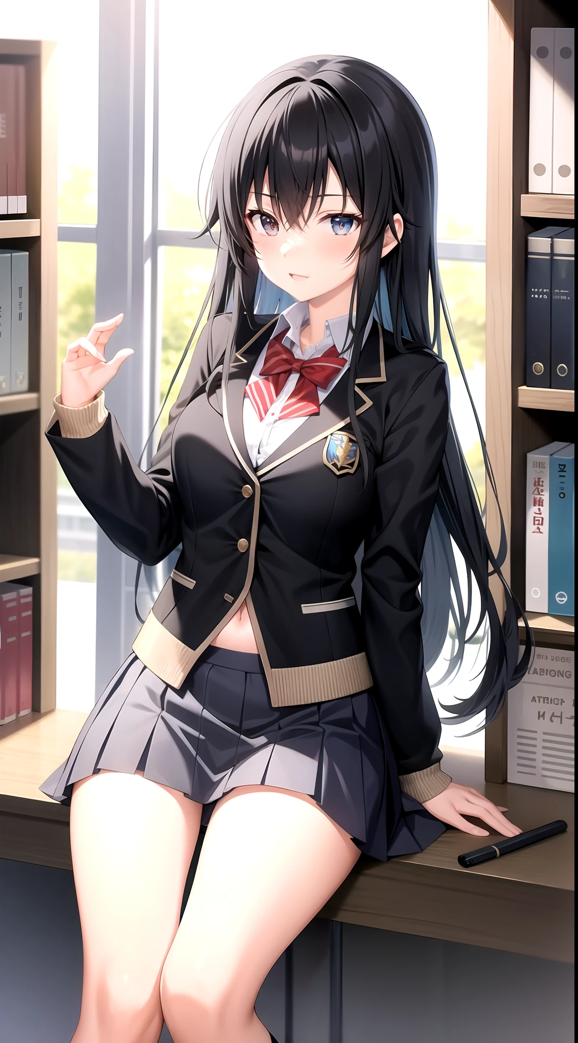 Yukino yukinoshita, long hair, cleavage, navel, slim legs, black hair, blue eyes, short skirt, thigh high socks, teen, happy, school uniform, library