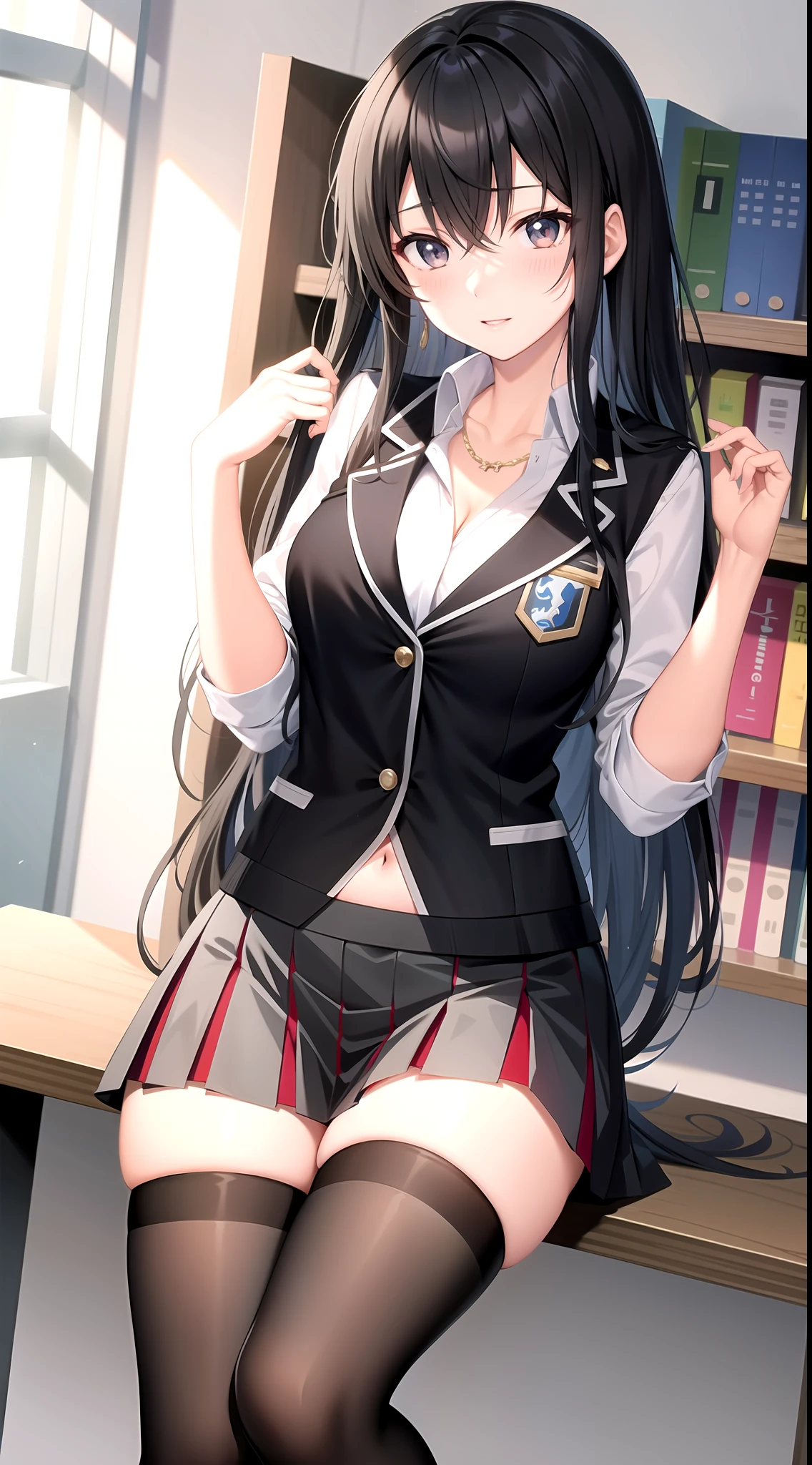 Yukino yukinoshita, long hair, cleavage, navel, slim legs, black hair, blue eyes, short skirt, thigh high socks, , happy, school uniform, library