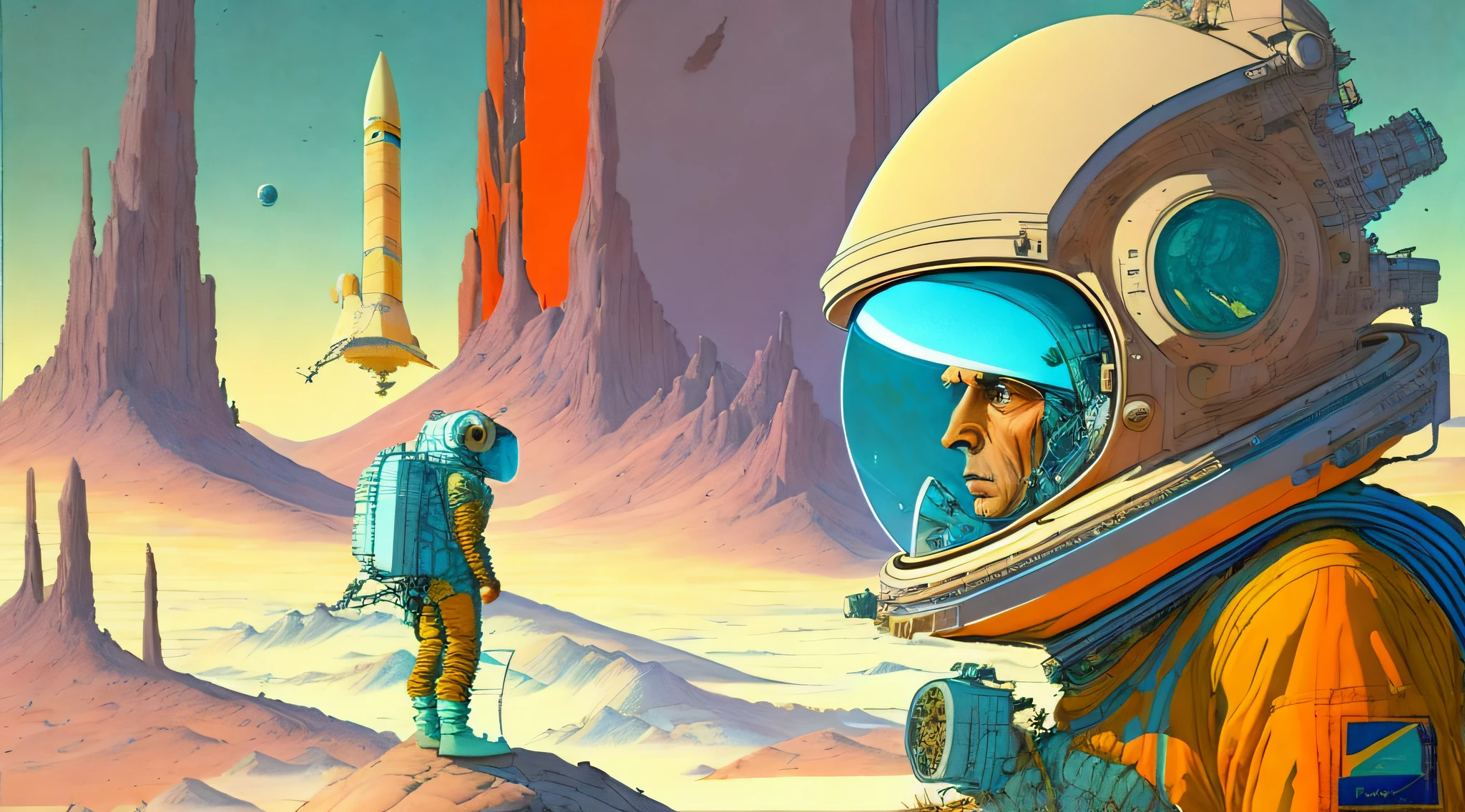 a painting of a Astronaut in Space Suit, standing on a cliff with a large spaceship in the background by Moebius Jean Giraud