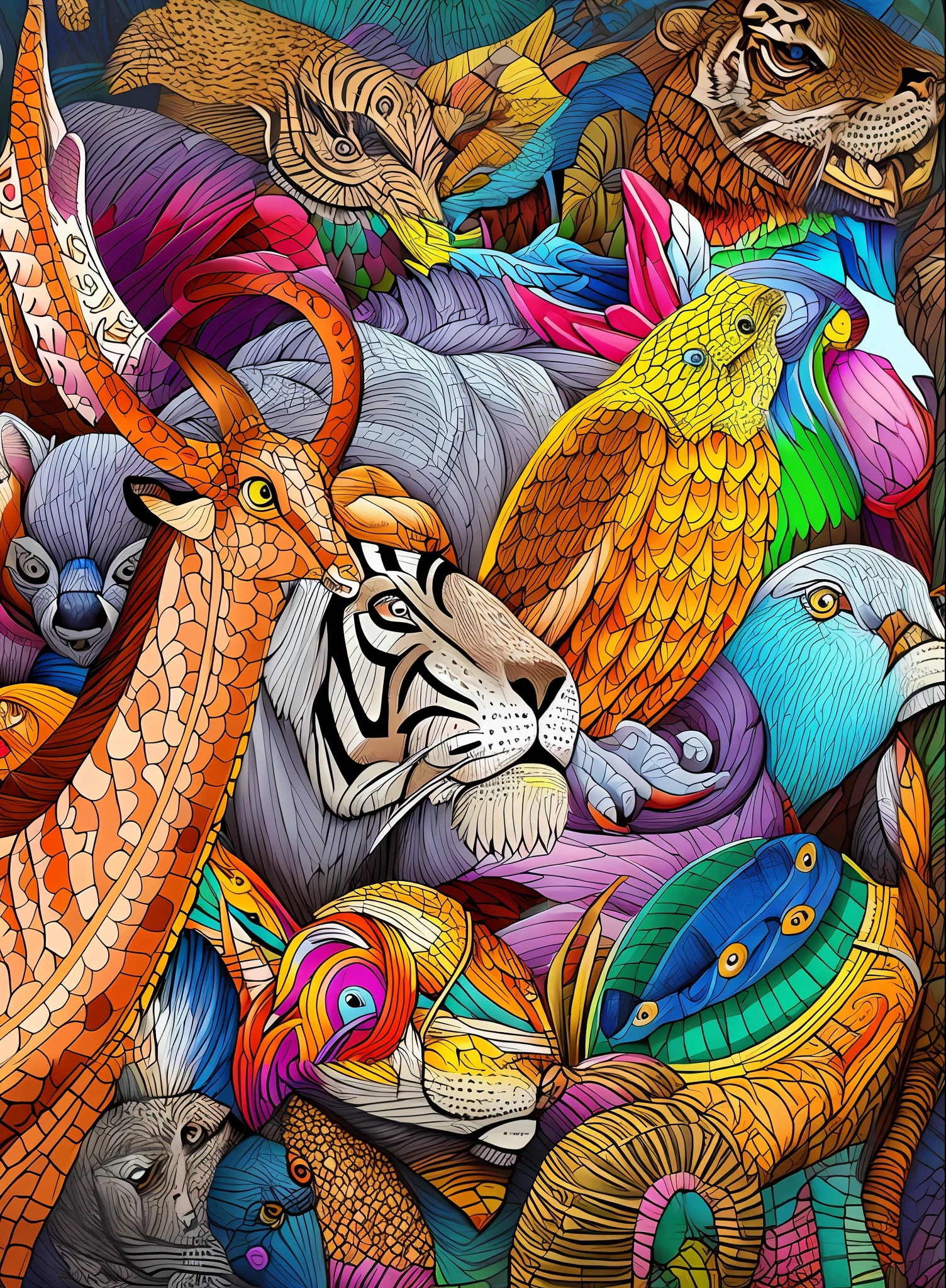 Close-up of a tiger painting surrounded by various animals, Detailed beautiful animals, highly intricate and colorful, intricate colorful masterpiece, super detailed color art, super detailed color art, intricate vibrant colors, colorful intricate masterpiece, intricate colorful, intricate detailed digital art, Highly detailed bright colors, Amazing details digital art, Intricate art, 4k highly detailed art