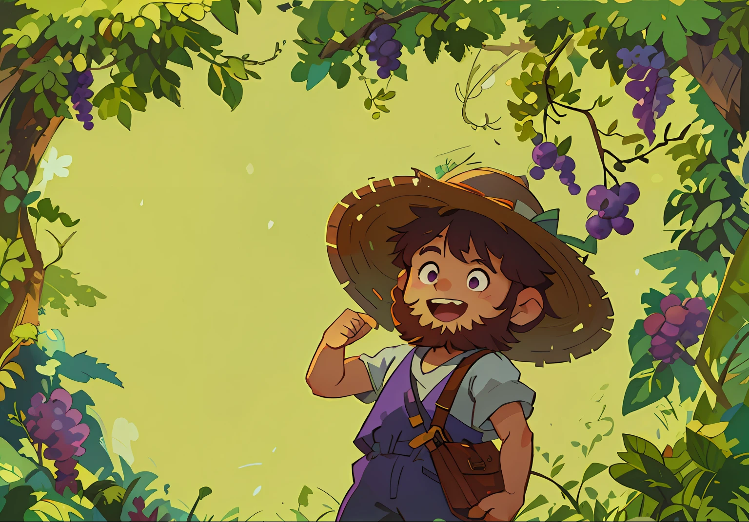 There is a caricature of a kind and smiling man wearing a hat and a beard, monet and da vinchi art style, There are huge grapes,The grapes stand out,There are vineyards,Grape leaves,playful peasant man, arte de fundo, offcial art, childrens art in artstation, children's book illustrations, 2d digital illustration, Official illustration, ghibli artstyle, 2 d illustration, 2D illustration, procreate illustration, cartoon digital painting, digital 2d illustration,detail-rich,Master-like details,Reasonable picture,perfect compositions