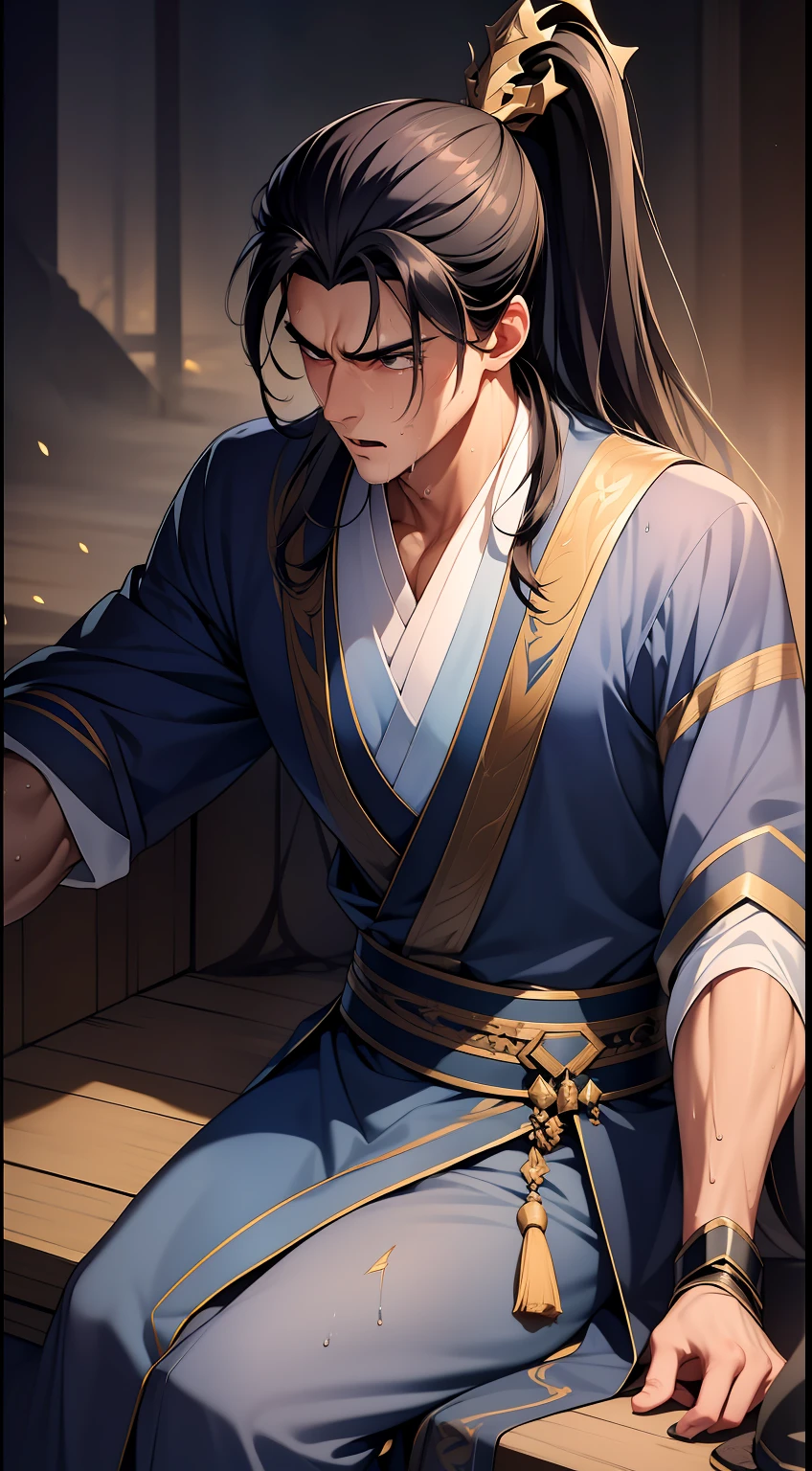 quadratic element，style of anime，mtu（Male Warrior），musculature，The proportions are correct，Face details，swordsmen，High ponytail hairstyle，perspired，Sweat on the face，drools，Neck details，There is an Adam's apple，Get wet，Drenched，Black Hanfu，kaftan，Embroidered robes，Black robe，clothes details，Handing over，longer sleeves，Game quality，Swordsmanship，Light and shadow tracking，Ray traching，detailed glow，cg render，hair detail，cabelos preto e longos，Golden eyes，Sweat on the face，Handsome，Handsome，Beads of sweat slipped down my neck，（juvenile sense），Clothing is complicated，Drenched，Get wet，Perfectcomposition，Refinement，high qulity，higher details，Lots of details，The background is complex，a sense of atmosphere，