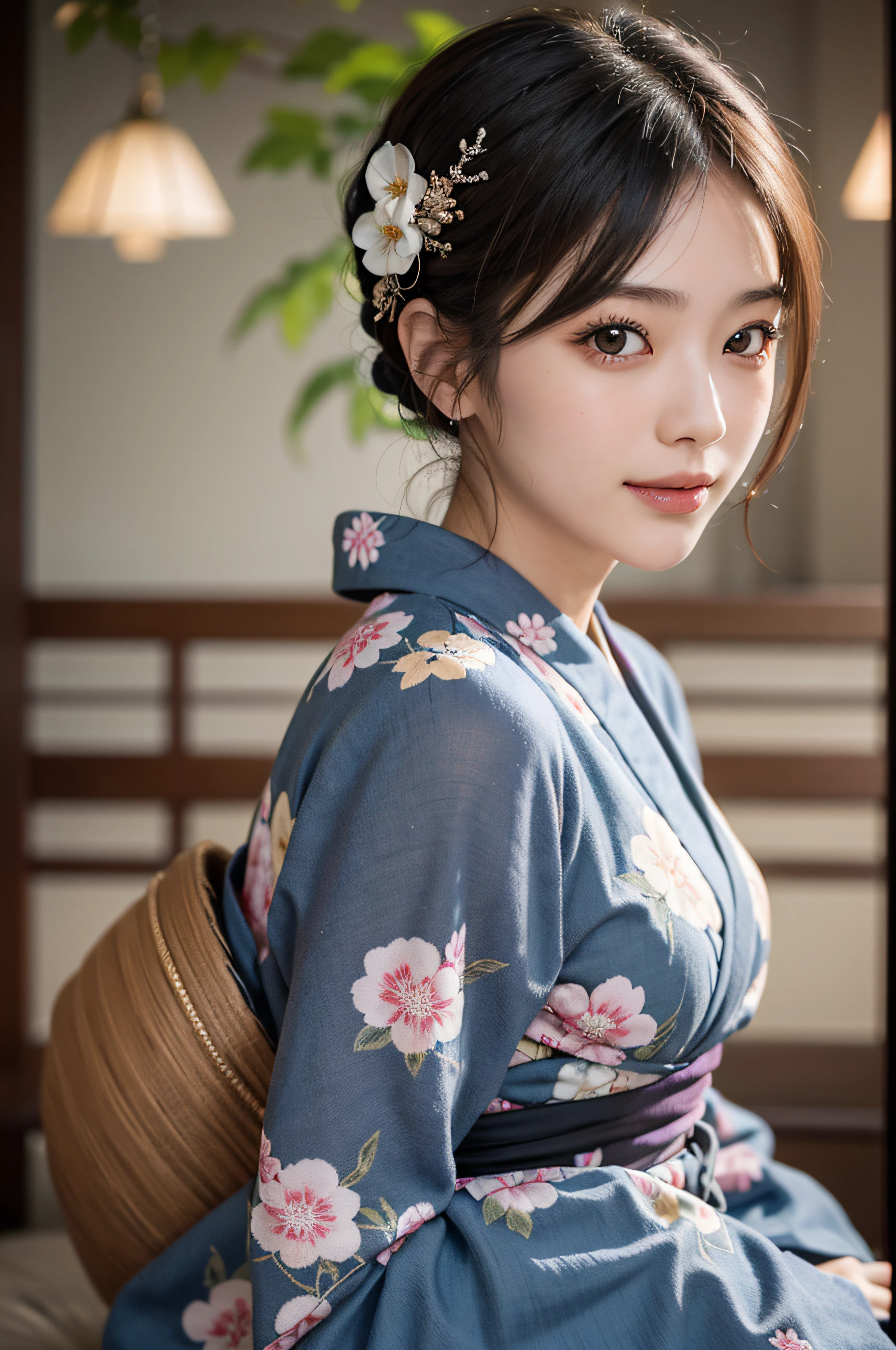 (Photorealsitic:1.4), (Top image quality:1.0), (超A high resolution:1.0), 8K, Raw photography, (masterpiece:0.2), (pureerosface_v1:0.5)、(Best Quality Detail:1.2)、realisitic、8K UHD、hight resolution、(1girl in:1.2)、The ultra-detailliert、High quality textures、intricate detailes、detaileds、Very detailed CG、High quality shadows、Detail Beautiful delicate face、Detail Beautiful delicate eyes、depth of fields、Ray traching,1girl in, japanaese girl, Cute, slender, Black kimono, Kimono with Japanese pattern,Floral scrunchie, Beautiful skin, Facing the front,Sit down, Sit upright and say thank you,Align your hands elegantly,Smile faintly The Land of Japan,Japanese garden,Luxury Japanese-style room, skyporn, Magic Hour, (Realistic:1.3), Finely detailed, quality, (masutepiece:1.2), (Photorealistic:1.2), (Best Quality), (Intricate details), Dramatic, Ray tracing, photograph, +Lola