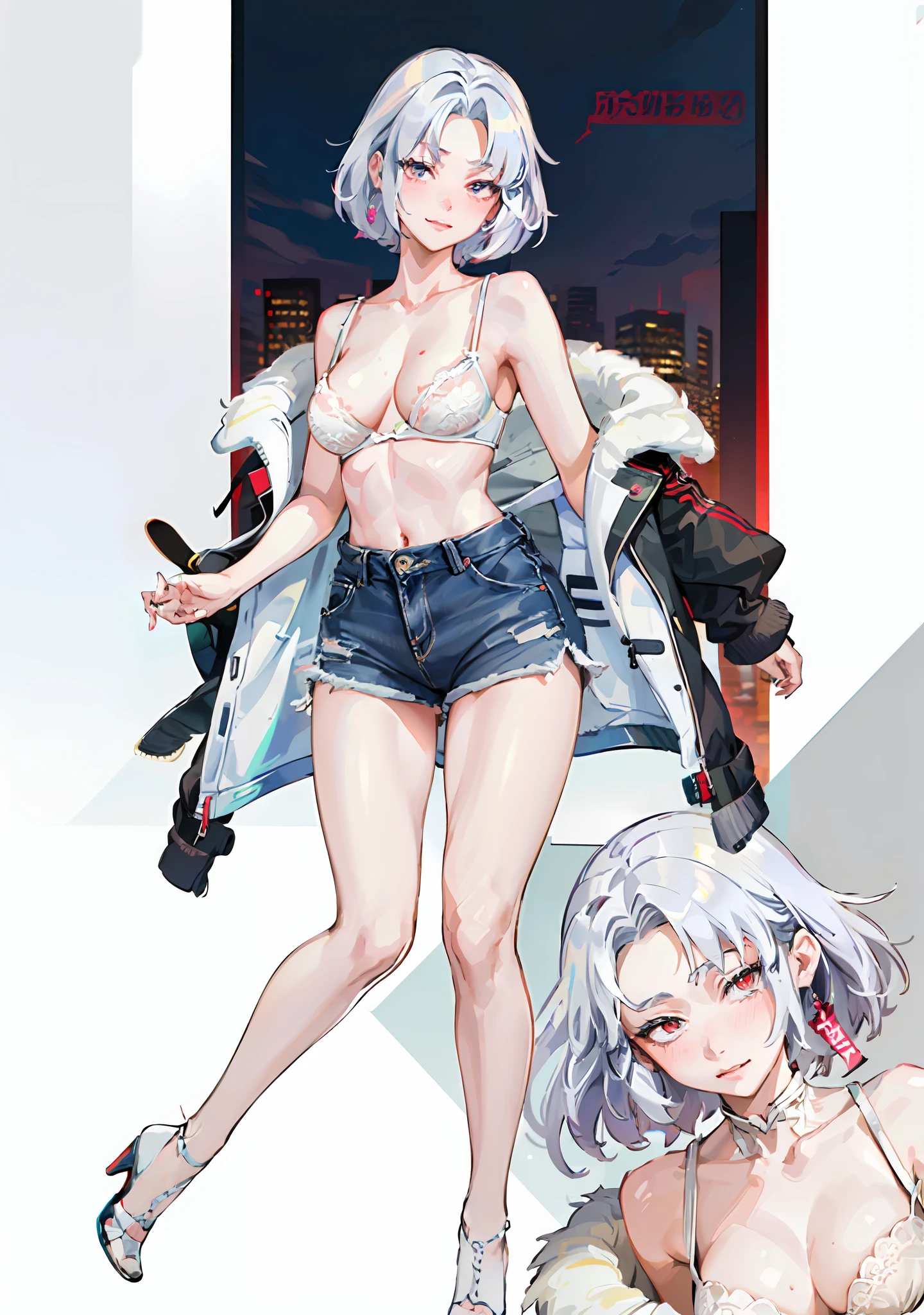((((masterpiece, best quality, high resolution)))), 1girl, average breasts, blush, light smile, glow, thighs, bare shoulders, collarbone, narrow waist, cleavage, (beautiful detailed face, beautiful detailed eyes), (oversized short fur puffy coat, white lace bra, ripped denim shorts, high heels),