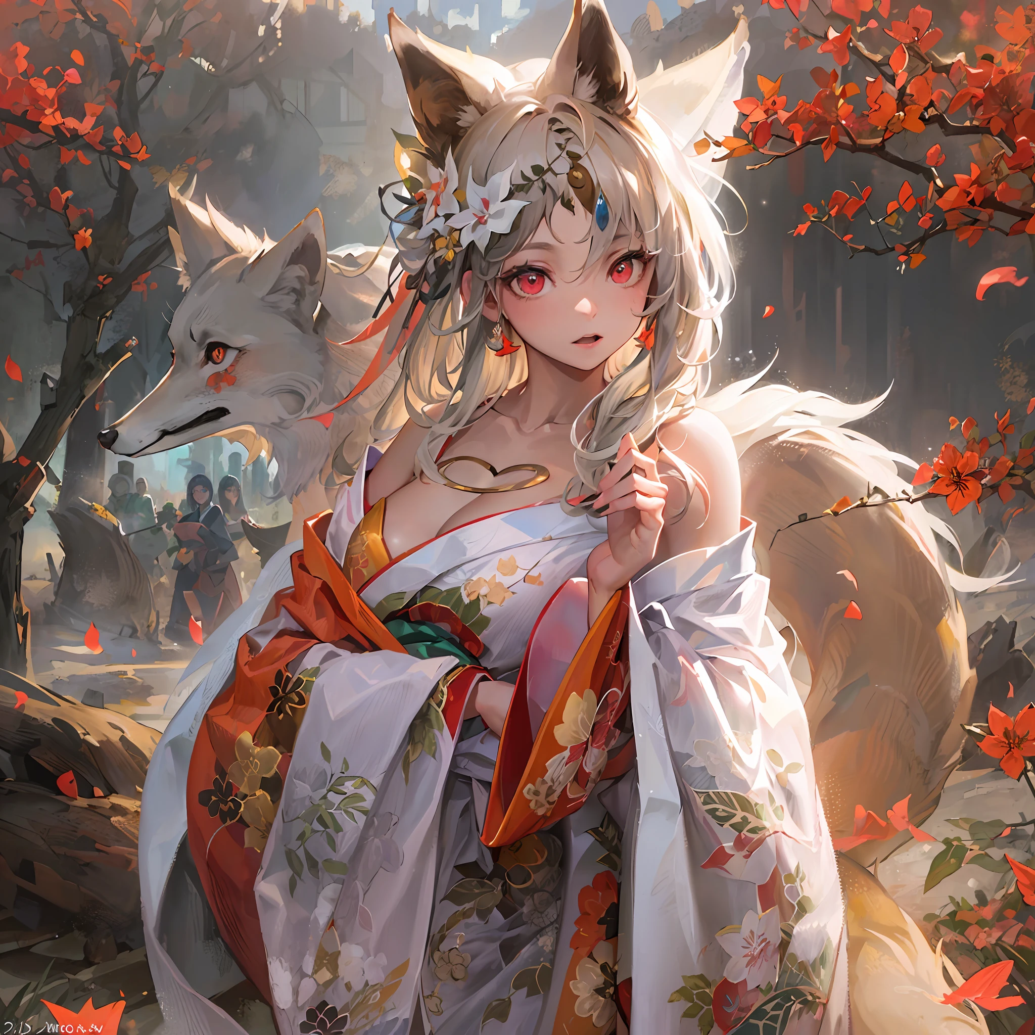 (Best quality), (masterpiece:1.3), (photorealistic:1.36), (realistic), ultra-detailed, 1Sexy beauty, collarbone, large tasty, cleavage (between breasts), This depicts a fox disguised as a female, dressed in off-the-shoulder kimono clothing, an golden fox with red eyes in the background, the Wilderness of twilight, stand on the land, Lateral, looking at viewer,