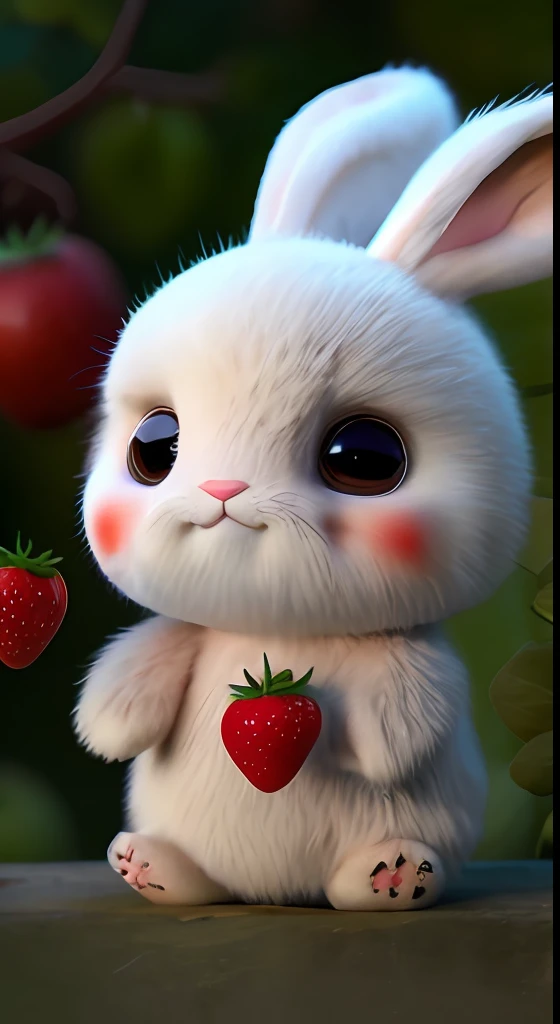 : 3. bunny, realistic, furry animal, apple, black eye, blush, cherry, food, fruit, full body, hat, non-human, strawberry, tomato, watermelon
