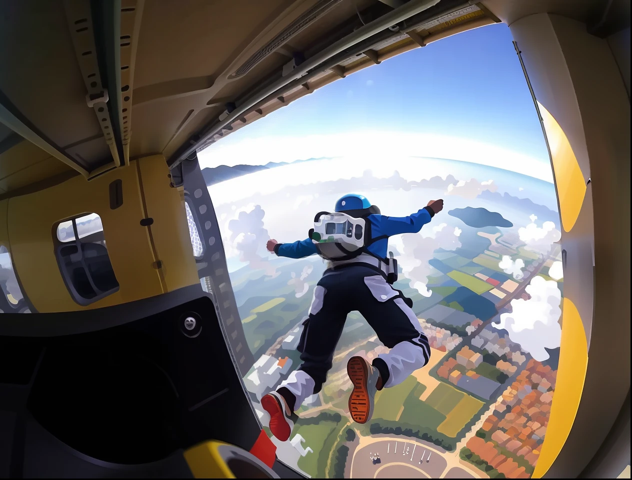 A person in a parachute suit is flying through the air, paraquedismo, tiro alto no ar, aerial view, tiro no ar, voando pelo ar, Voando no ar, Saltar, no ar, flutuando no ar, Uma mulher flutua no ar, jumping towards viewer, flutuando no ar, GoPro Shot, Fotografia GoPro, No ar