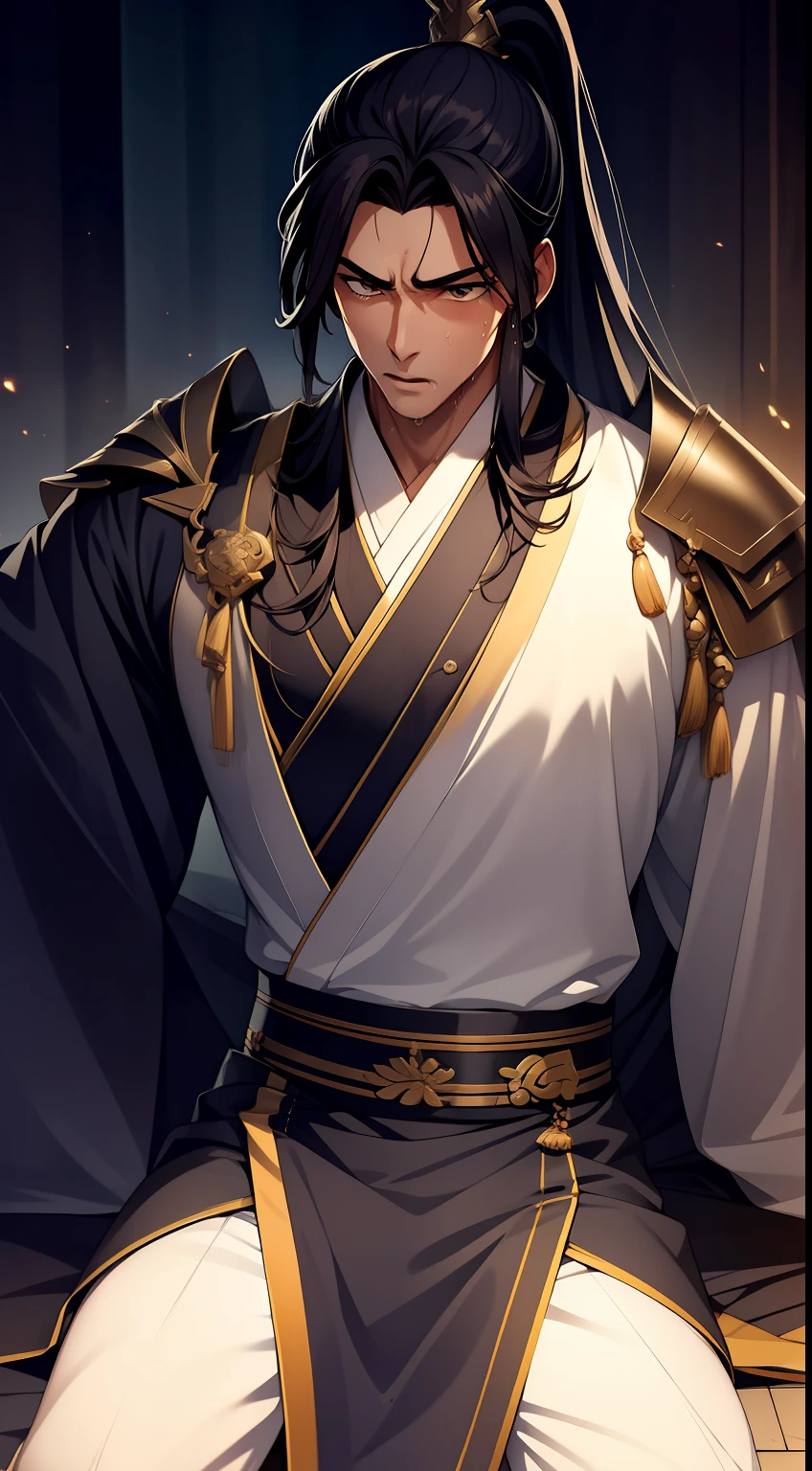 quadratic element，style of anime，mtu（Male Warrior），musculature，The proportions are correct，Face details，swordsmen，High ponytail hairstyle，perspired，Sweat on the face，drools，Neck details，There is an Adam's apple，Get wet，Drenched，Black Hanfu，kaftan，Embroidered robes，Black robe，clothes details，Handing over，longer sleeves，Game quality，Swordsmanship，Light and shadow tracking，Ray traching，detailed glow，cg render，hair detail，cabelos preto e longos，Golden eyes，Sweat on the face，Handsome，Handsome，Beads of sweat slipped down my neck，（juvenile sense），Clothing is complicated，Drenched，Get wet，Perfectcomposition，Refinement，high qulity，higher details，Lots of details，The background is complex，a sense of atmosphere，
