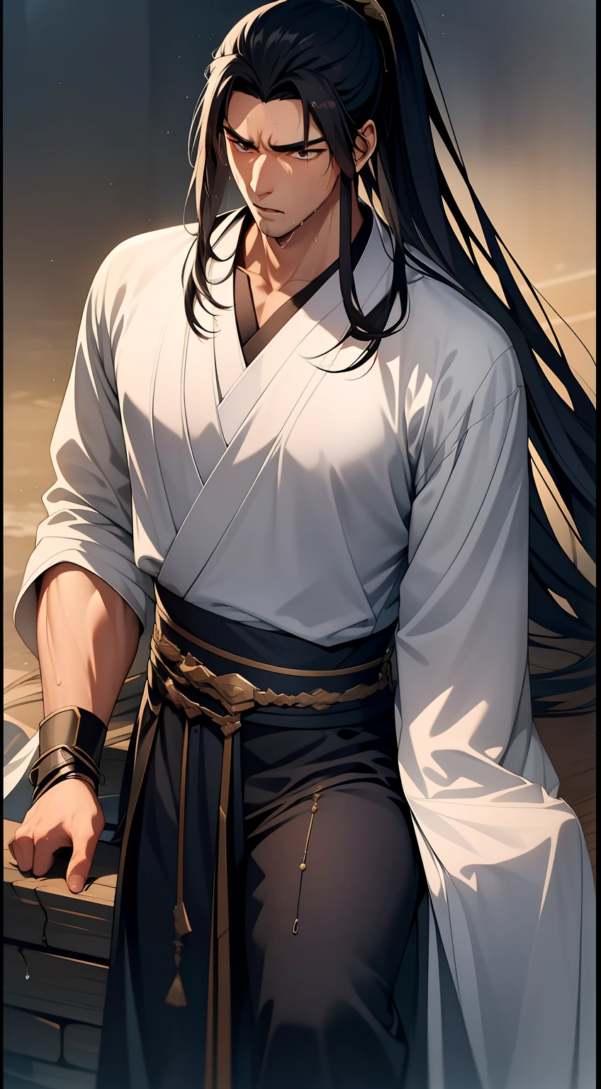 quadratic element,style of anime,mtu(Male Warrior),musculature,The proportions are correct,Face details,swordsmen,High ponytail hairstyle,perspired,Sweat on the face,drools,Neck details,There is an Adam's apple,Get wet,Drenched,Black Hanfu,kaftan,Embroidered robes,Black robe,clothes details,Handing over,longer sleeves,Game quality,Swordsmanship,Light and shadow tracking,Ray traching,detailed glow,cg render,hair detail,cabelos preto e longos,Golden eyes,Sweat on the face,Handsome,Handsome,Beads of sweat slipped down my neck,(juvenile sense),Clothing is complicated,Drenched,Get wet,Perfectcomposition,Refinement,high qulity,higher details,Lots of details,The background is complex,a sense of atmosphere,