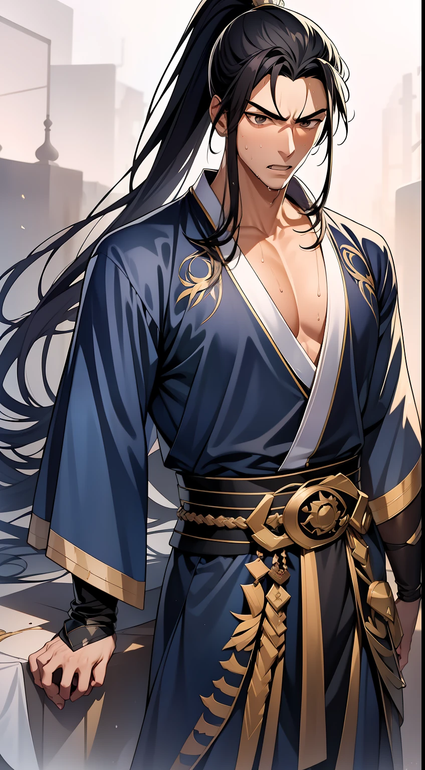 quadratic element,style of anime,mtu(Male Warrior),musculature,The proportions are correct,Face details,swordsmen,High ponytail hairstyle,perspired,Sweat on the face,drools,Neck details,There is an Adam's apple,Get wet,Drenched,Black Hanfu,kaftan,Embroidered robes,Black robe,clothes details,Handing over,longer sleeves,Game quality,Swordsmanship,Light and shadow tracking,Ray traching,detailed glow,cg render,hair detail,cabelos preto e longos,Golden eyes,Sweat on the face,Handsome,Handsome,Beads of sweat slipped down my neck,(juvenile sense),Clothing is complicated,Drenched,Get wet,Perfectcomposition,Refinement,high qulity,higher details,Lots of details,The background is complex,a sense of atmosphere,