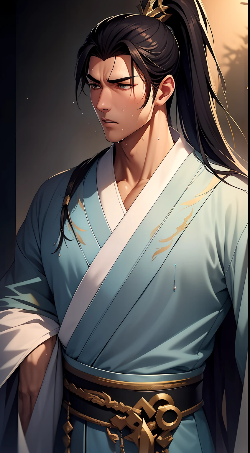 quadratic element,style of anime,mtu(Male Warrior),musculature,The proportions are correct,Face details,swordsmen,High ponytail hairstyle,perspired,Sweat on the face,drools,Neck details,There is an Adam's apple,Get wet,Drenched,Black Hanfu,kaftan,Embroidered robes,Black robe,clothes details,Handing over,longer sleeves,Game quality,Swordsmanship,Light and shadow tracking,Ray traching,detailed glow,cg render,hair detail,cabelos preto e longos,Golden eyes,Sweat on the face,Handsome,Handsome,Beads of sweat slipped down my neck,(juvenile sense),Clothing is complicated,Drenched,Get wet,Perfectcomposition,Refinement,high qulity,higher details,Lots of details,The background is complex,a sense of atmosphere,