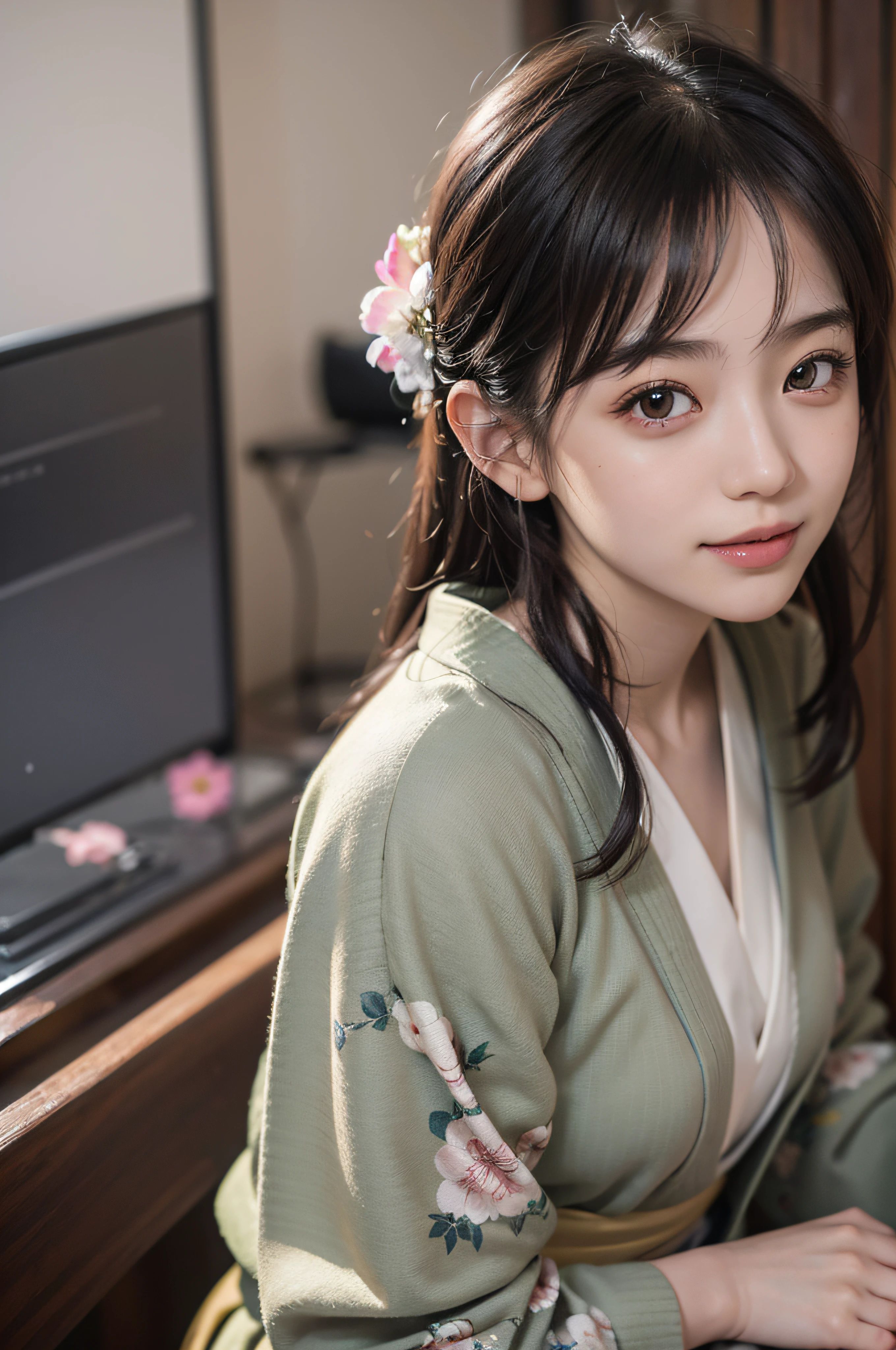 (Photorealsitic:1.4), (Top image quality:1.0), (超A high resolution:1.0), 8K, Raw photography, (​masterpiece:0.2), (pureerosface_v1:0.5)、(Best Quality Detail:1.2)、realisitic、8K UHD、hight resolution、(1girl in:1.2)、The ultra-detailliert、High quality textures、intricate detailes、detaileds、Very detailed CG、High quality shadows、Detail Beautiful delicate face、Detail Beautiful delicate eyes、depth of fields、Ray traching,1girl in, japanaese girl, Cute, slender, Black kimono, Kimono with Japanese pattern,Floral scrunchie, Beautiful skin, Facing the front,Sit down, Sit upright and say thank you,Align your hands elegantly,Smile faintly The Land of Japan,Japanese garden,Luxury Japanese-style room, skyporn, Magic Hour, (Realistic:1.3), Finely detailed, quality, (masutepiece:1.2), (Photorealistic:1.2), (Best Quality), (Intricate details), Dramatic, Ray tracing, photograph, +Lola