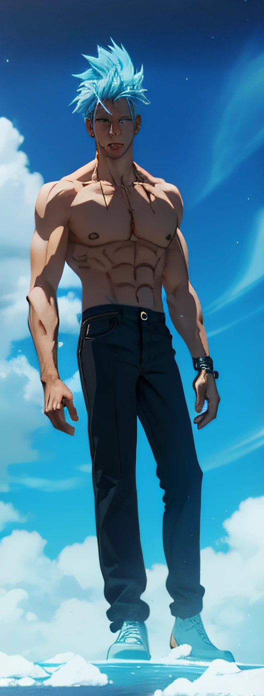 Shirtless man，blue hairs，The background is a primeval forest
