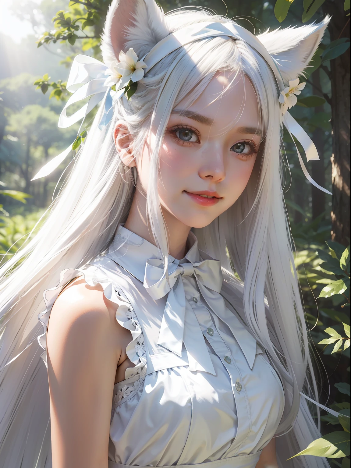 Fox ears white hair girl，teens girl，at a forest，green plant，leafs，long eyelasher, solid circle eyes, Fake animal ears, Light smile, Fang, White hair, crown, Hairpin, Hair ribbon, Hair Bow, ribbon, hair flower, Horns, surrealism, angle of view, Atmospheric perspective, Cinematic lighting, Ray tracing, first person perspective, Wide shot, vanishing point, in a panoramic view, 35mm, Lens flare, 8K, Super detail, ccurate, Best quality, hyper HD, retinas, Masterpiece, Anatomically correct, Textured skin, High details, High quality