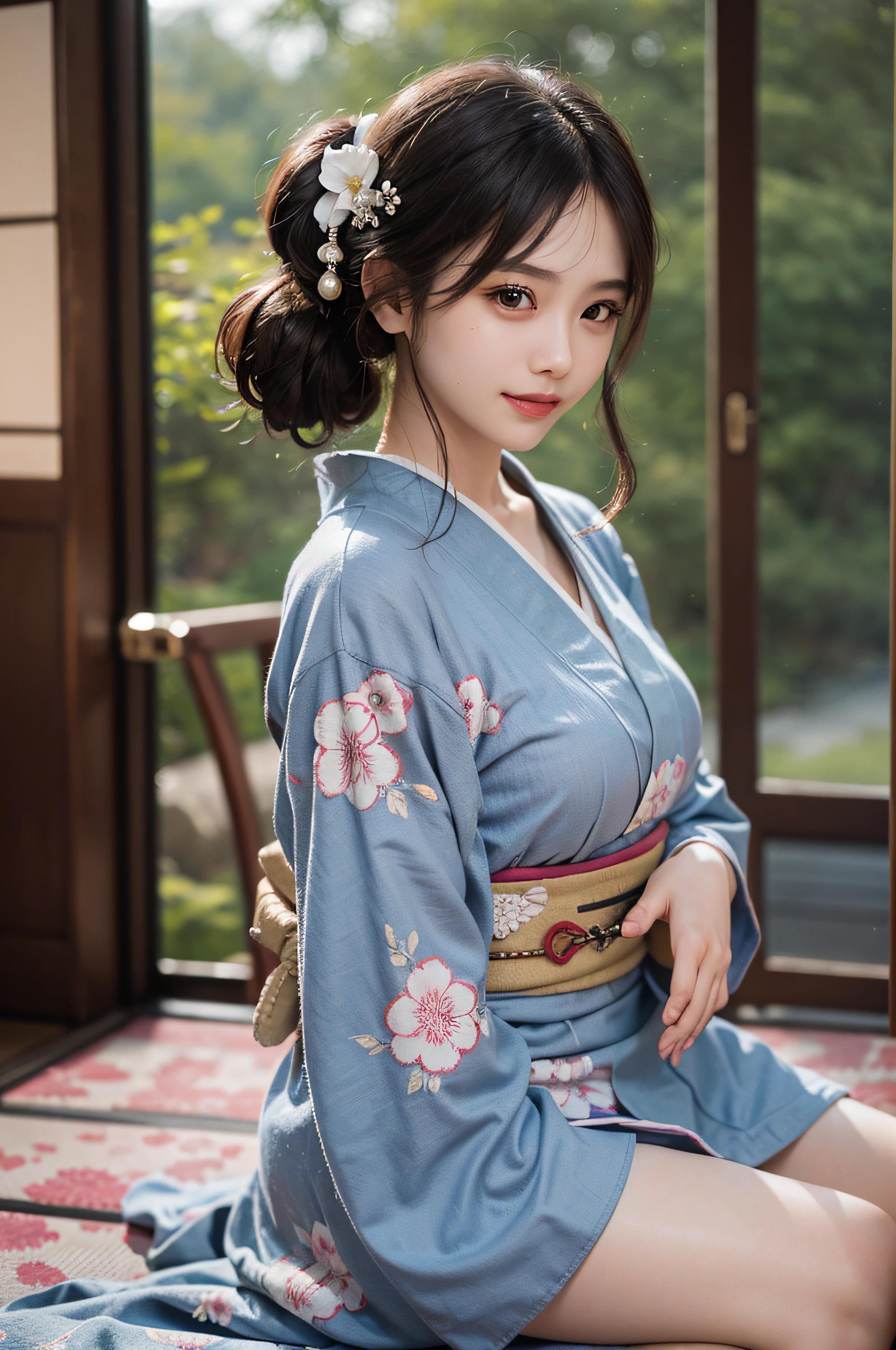 (Photorealsitic:1.4), (Top image quality:1.0), (超A high resolution:1.0), 8K, Raw photography, (masterpiece:0.2), (pureerosface_v1:0.5)、(Best Quality Detail:1.2)、realisitic、8K UHD、hight resolution、(1girl in:1.2)、The ultra-detailliert、High quality textures、intricate detailes、detaileds、Very detailed CG、High quality shadows、Detail Beautiful delicate face、Detail Beautiful delicate eyes、depth of fields、Ray traching,1girl in, japanaese girl, Cute, slender, Black kimono, Kimono with Japanese pattern,Floral scrunchie, Beautiful skin, Facing the front,Sit down, Sit upright and say thank you,Align your hands elegantly,Smile faintly The Land of Japan,Japanese garden,Luxury Japanese-style room, skyporn, Magic Hour, (Realistic:1.3), Finely detailed, quality, (masutepiece:1.2), (Photorealistic:1.2), (Best Quality), (Intricate details), Dramatic, Ray tracing, photograph, +Lola