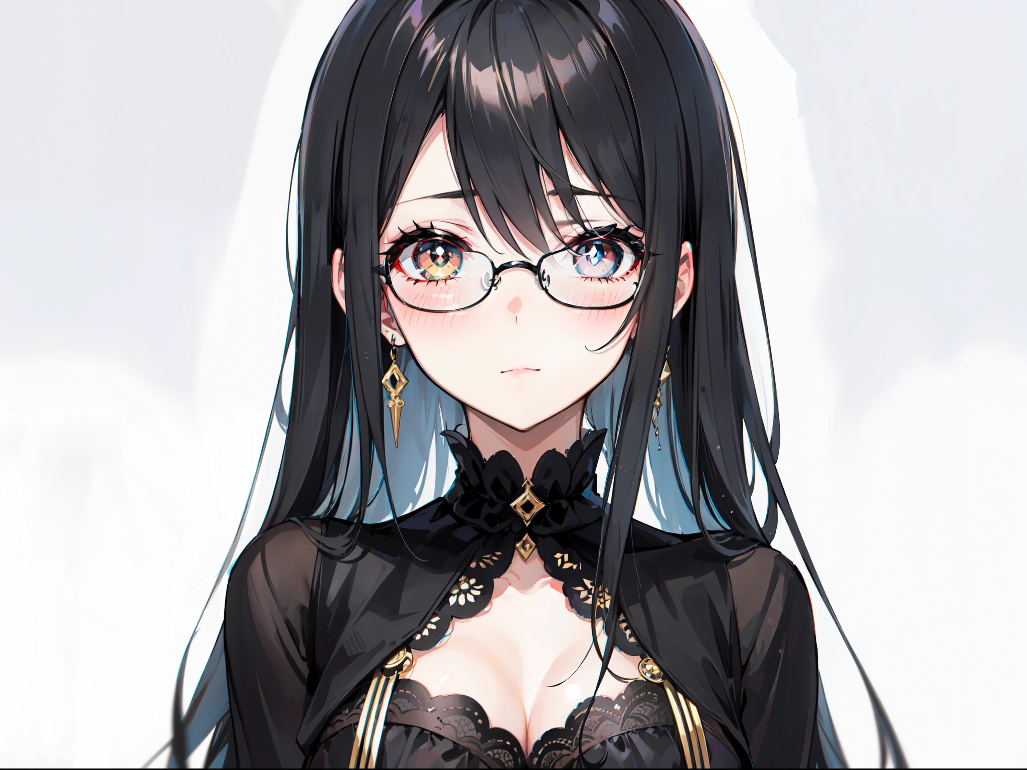 "Generate one girl with long black hairstylist hair, and one glasses in right sharp pupils, golden eyes, and look blushes, she's wear black gothic."