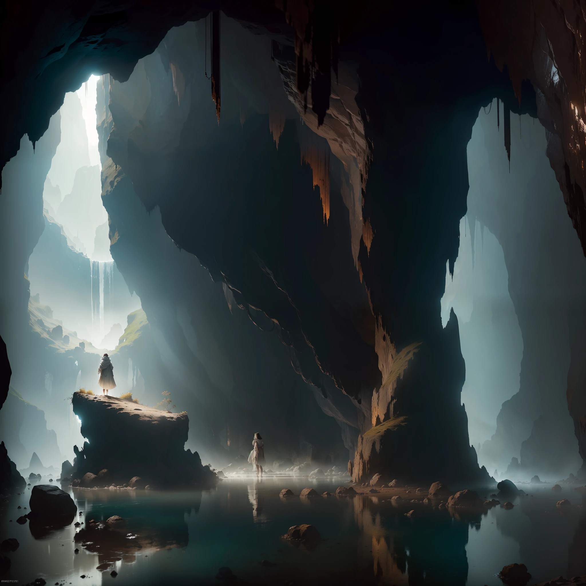 (masterpiece, high detail, high resolution, art style by Greg Rutkowski, depth of field), (one man and one woman, taking a bath in an underground lake, alone in a ((dark cave)), resting from his travel, removing his cloak, view from behind, attentively observing his surroundings), (background: dark narrow cave tunnel), (large white cloak billowing dramatically in the wind at his back), visible muscles, sculpted body, strong arms, strong legs, brown skin, battle scars on entire body, ((dirty skin with sweat streaks)), (thick rusty paint hair: 1.8), sensual, ((strong body)), full body view, ((dark background), (inside of a cave background), (stern facial expression), relaxed, detailed, (volumetric, level difference detail), dusty atmosphere, backlight, contour light, strong but seductive, (((alone))), washed out colours