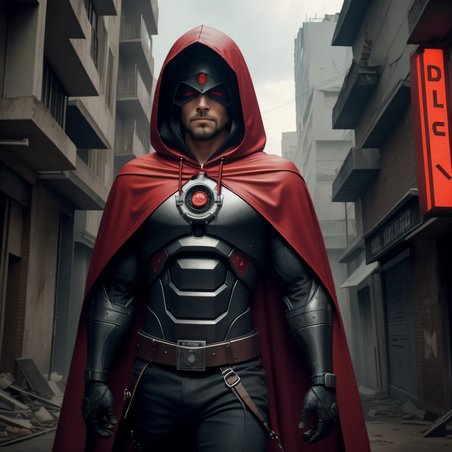 The robot wore a red hooded cape, hiding a doughnut that resembled the human skull, His eyes of intense redness could be seen through the hood, era alto e forte, The body was made up of black metal plates that resembled human muscles, the long arms had ejection blades, walks through a post-apocalyptic scenario of a destroyed city, tomada pelo deserto, com esqueletos humanos na rua, the image should be of the best quality and epic, with lots of detail and cinema lighting