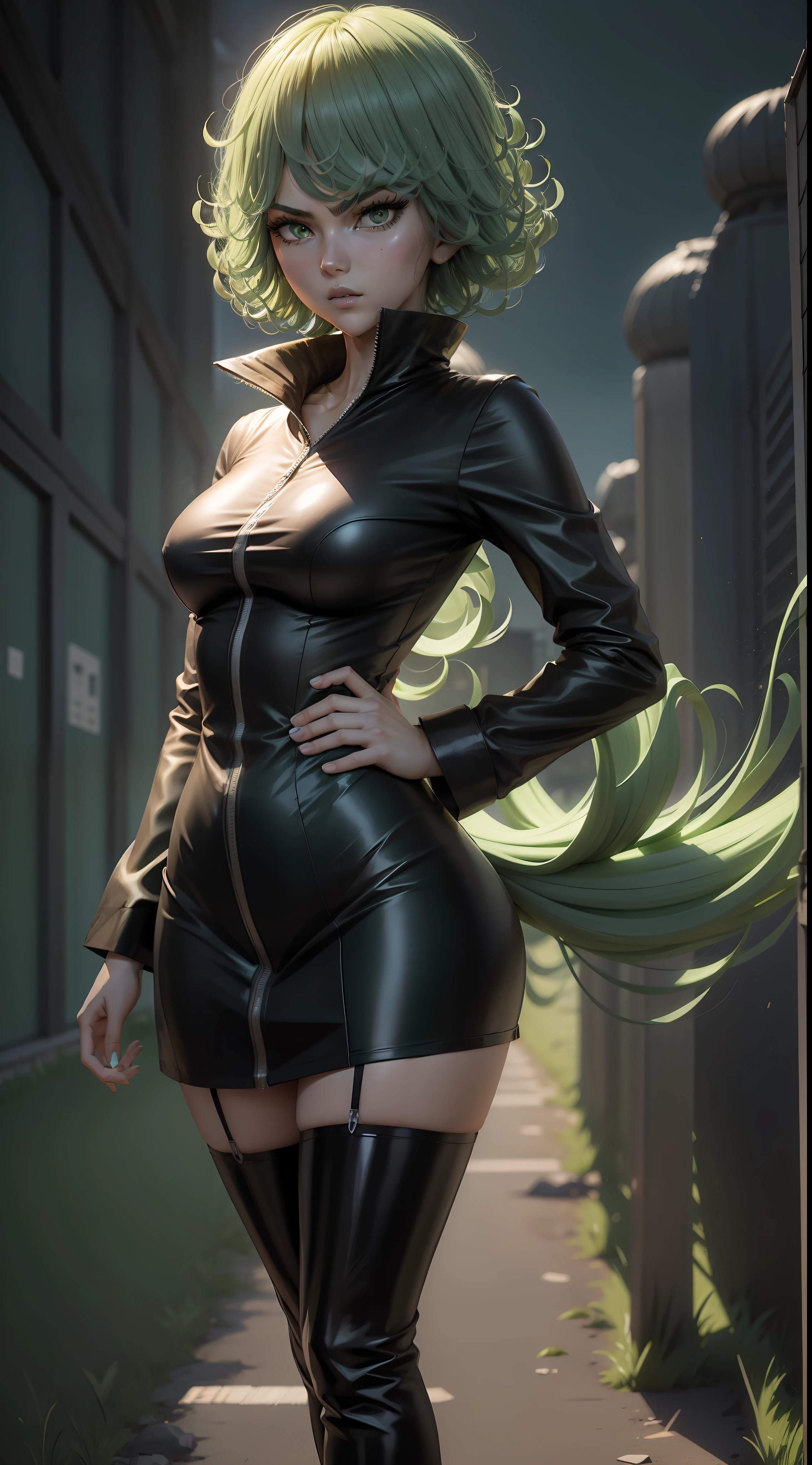 Full body shot of a real life tatsumaki from one punch man, solo, flying in the sky with green hair and black dress in a green field, with green curly hair. Perfect body composition, perfect AI-drawn artwork, responsible for the layout. cute pretty face, nagito komaeda, 3D anime style 8k, demon slayer fan art, epic anime style, stylized anime, anime style digital art, digital art from danganronpa , realistic art style. highest image quality, most detailed, high octane, detailed everything 3D quality 8k