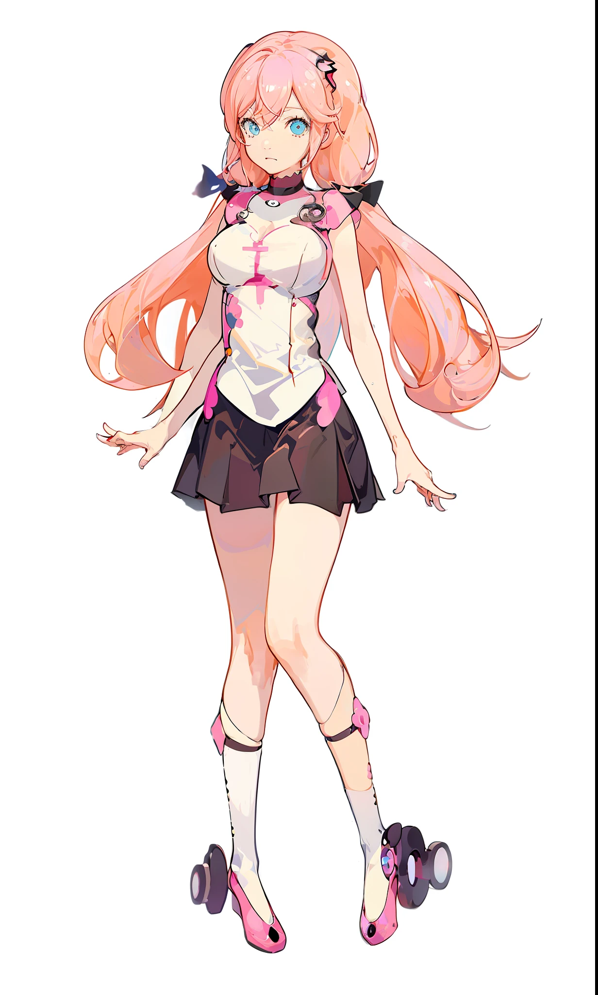 anime girl with pink hair and a white shirt and black skirt, humanoid pink female squid girl, pink twintail hair and cyan eyes, anime girl named lucy, Anime manga robot!! Anime girl, madoka kaname, Junko Enoshima, anime girl of the future, style of magical girl, female anime character, junko enoshima from danganronpa