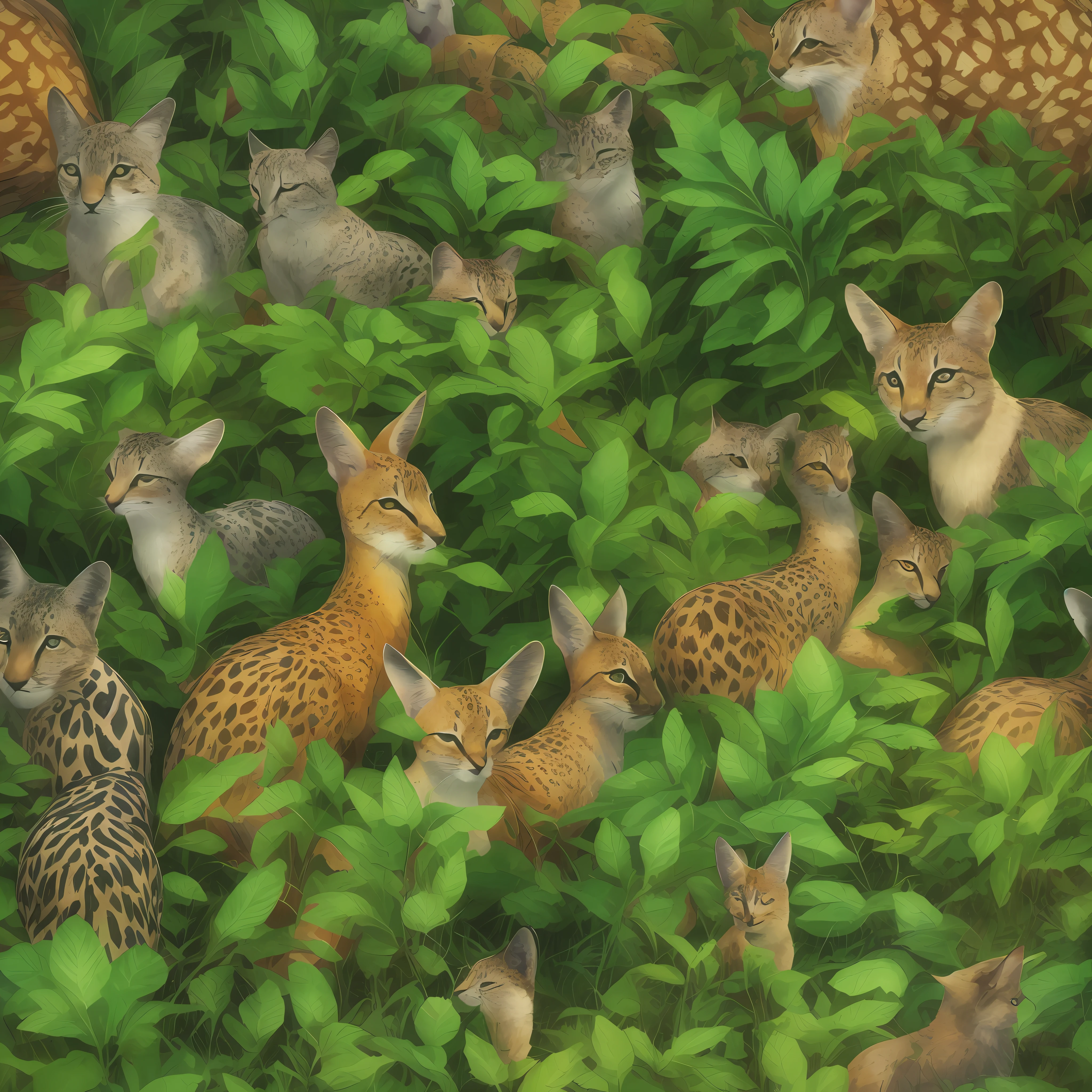 There are many small animals that are standing in the bushes, wildlife illustration, raposas e veados, entre raposas e veados, animais escondidos, pintura animal, muitos caracals fofos bonitos, awesome art, Vida selvagem exuberante, desenho da vida selvagem, Directed by: Kim Du-ryang, Directed by: Min Zhen, by senior artist, repleto de fauna, Directed by: Anna Füssli, illustrations of animals