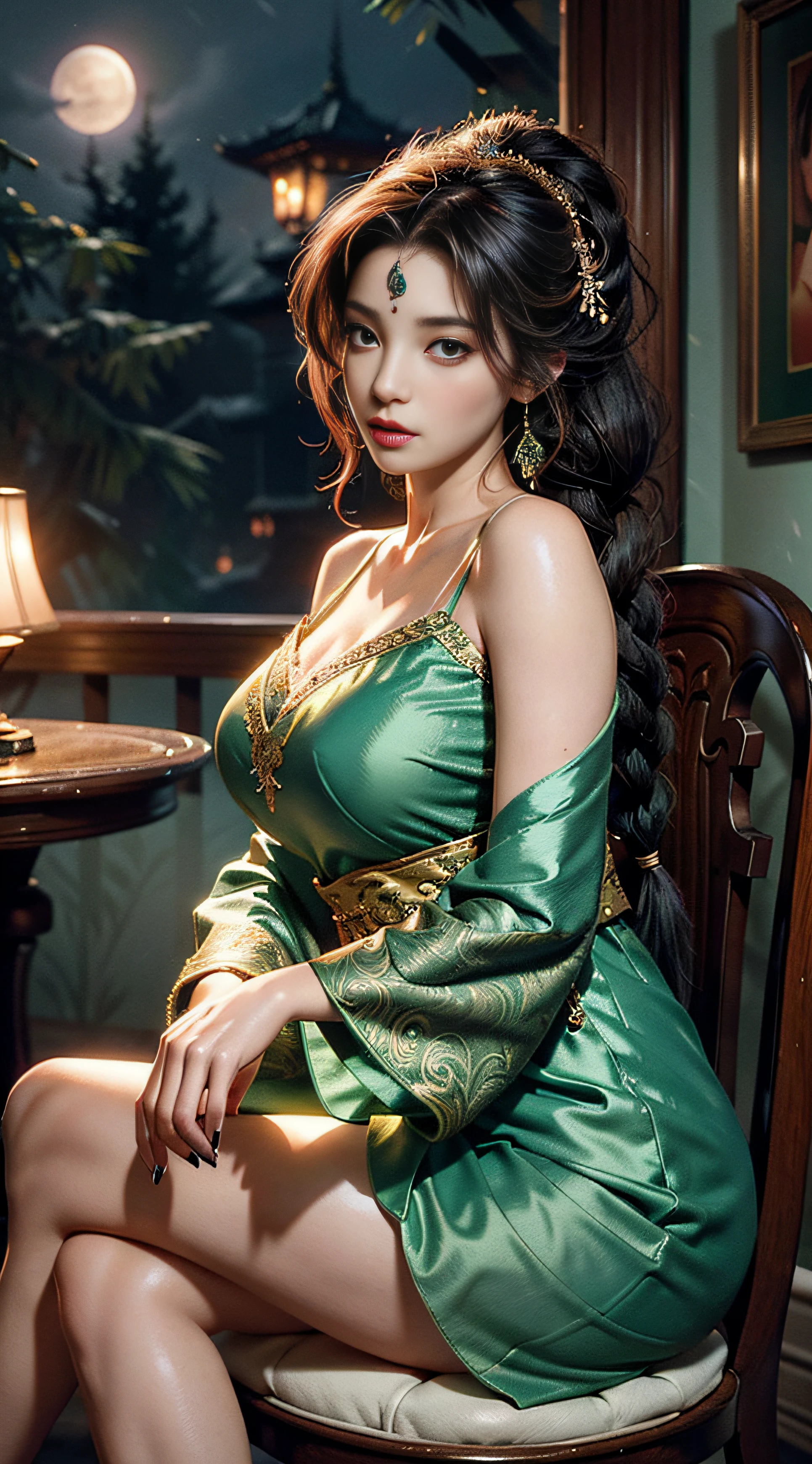 The art depicts a charming woman dressed in a flowing, silky traditional oriental dress, emeralds, decorated with intricate patterns and bright colors. Her dress drapes elegantly over her curvy figure, accentuating her seductive silhouette. She sits gracefully under the quiet moon, bathed in the soft glow of the moonlight. The scene exudes an ethereal and dreamy atmosphere, with a touch of mystery and sexiness. The graphic style blends watercolor and digital illustration techniques to evoke a refined beauty and charm. The lights are filled with soft moonlight, casting soft highlights and shadows on her charming features. Bare legs, big breasts, three-dimensional facial features, sitting in a chair against the wall, 2 hands, 2 legs, side braids