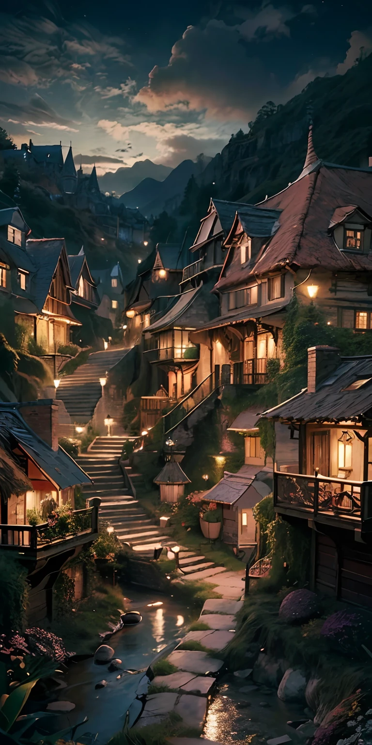 an photorealistic illustration of an fantasy village at night, in the style of photo-realistic landscapes, 32k uhd, ferrania p30, dark white and gold, captivating landscapes, terraced cityscapes, fairycore