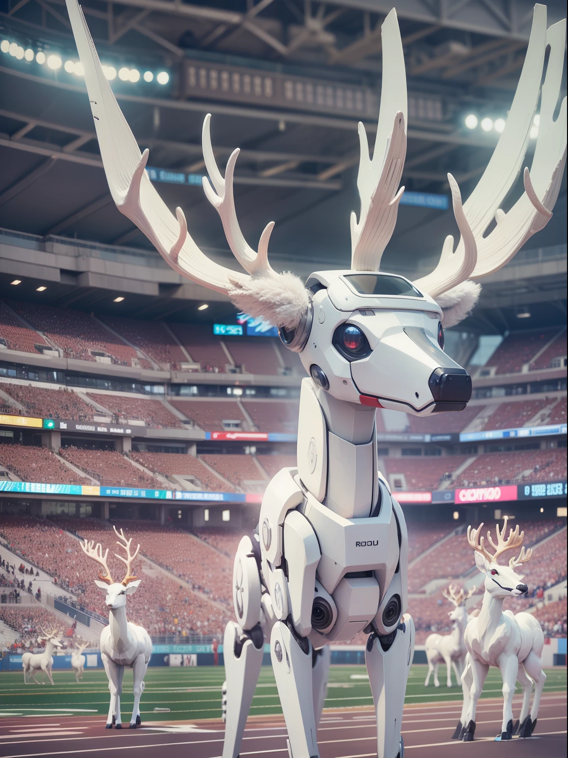 White robot deer, Displayed on the large screen of the stadium, Sporting events in progress, detail, Surreal, Third angle, wide angles, Panoramic defocus: