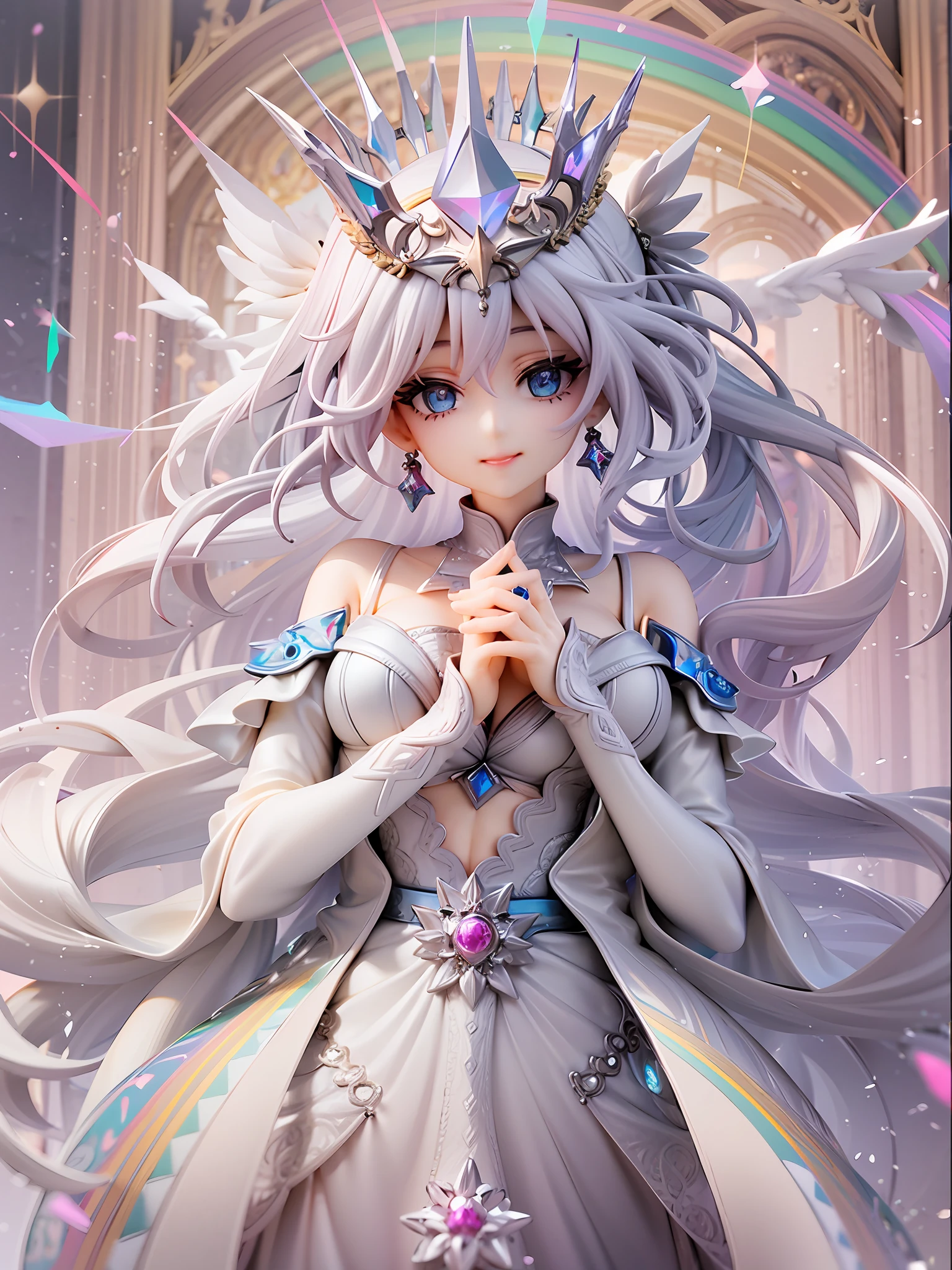 1girl, beautiful eye, smile, prismatic queen, noble and confident expression, thin eyebrows, long white dress adorned with prismatic gemstones, collar spreading like feathers, train embroidered with rainbow colors, white hair, magnificent updo, long, gem-like sparkling blue eyes, regal stance with a hand holding the crown forward, background of a prismatic palace with rainbow light streaming from the ceiling, throne with intricate patterns, shimmering crystals embedded into the palace walls, soft shadows adding depth to her gown, strands of hair glowing subtly with the reflected colors of the surrounding prisms, eyelashes casting delicate shadows on her cheeks, gem-encrusted crown shimmering with a radiant spectrum of colors, curve of her lips hinting at a serene smile, elegant white gloves with delicate lace details, draped fabric of her gown flowing in soft folds, prismatic light reflected in the folds of her gown, delicate, iridescent jewelry adorning her neck and ears, prismatic glow surrounding her form, an aura of radiance and regality, light from the prismatic palace playing off her figure, creating a halo of shimmering colors, atmosphere of serenity and majesty