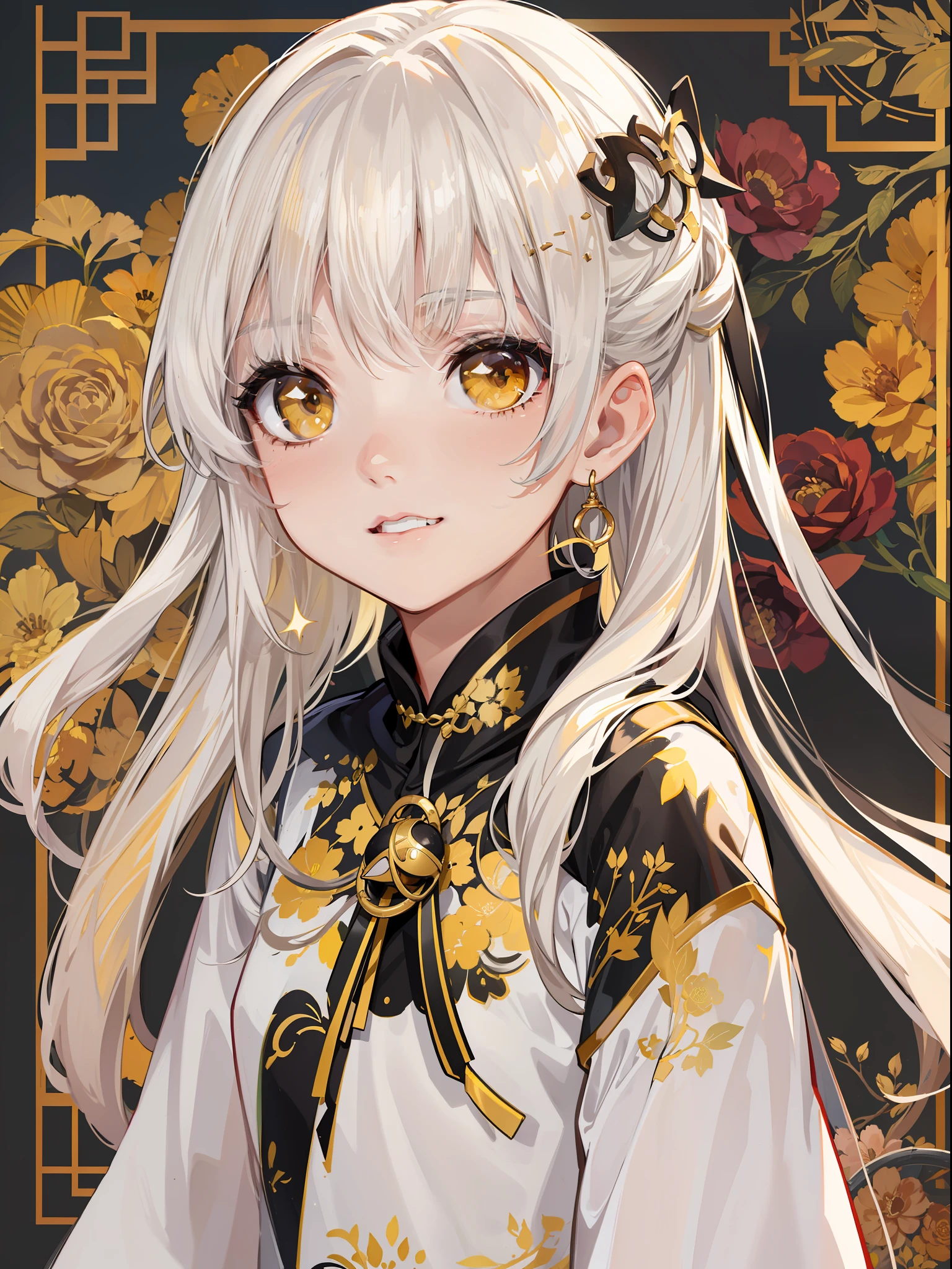 10-year-old girl，Yellow eyes，white color hair，Black gold-rimmed cheongsam
