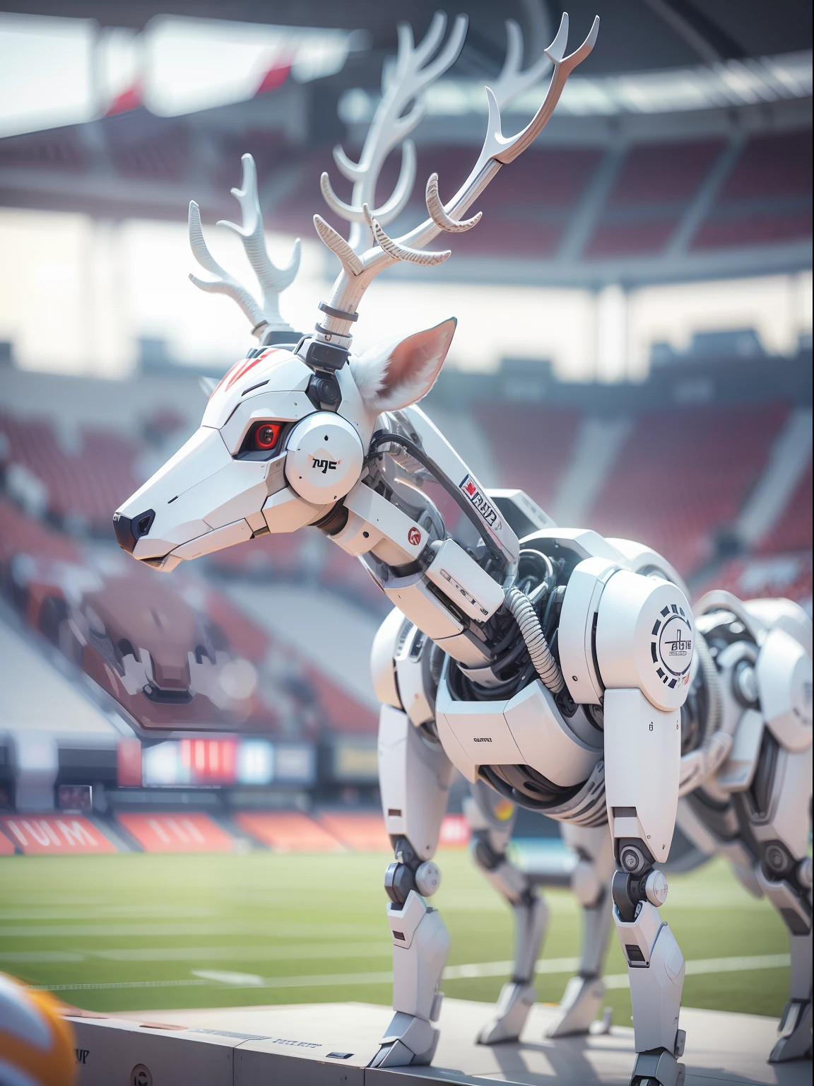 White robot deer, Displayed on the large screen of the stadium, Sporting events in progress, detail, Surreal, Third angle, wide angles, Panoramic defocus: