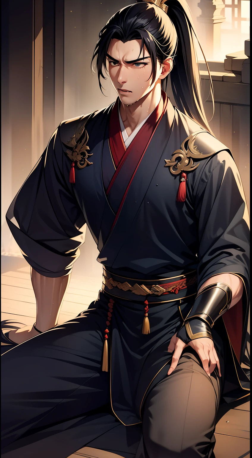 quadratic element，style of anime，mtu（Male Warrior），musculature，The proportions are correct，Face details，swordsmen，High ponytail hairstyle，perspired，Sweat on the face，drools，Neck details，There is an Adam's apple，Get wet，Drenched，Black Hanfu，kaftan，Embroidered robes，Black robe，clothes details，Handing over，longer sleeves，Game quality，Swordsmanship，Light and shadow tracking，Ray traching，detailed glow，cg render，hair detail，cabelos preto e longos，Golden eyes，Sweat on the face，Handsome，Handsome，Beads of sweat slipped down my neck，（juvenile sense），Clothing is complicated，Drenched，Get wet，Perfectcomposition，Refinement，high qulity，higher details，Lots of details，The background is complex，a sense of atmosphere，