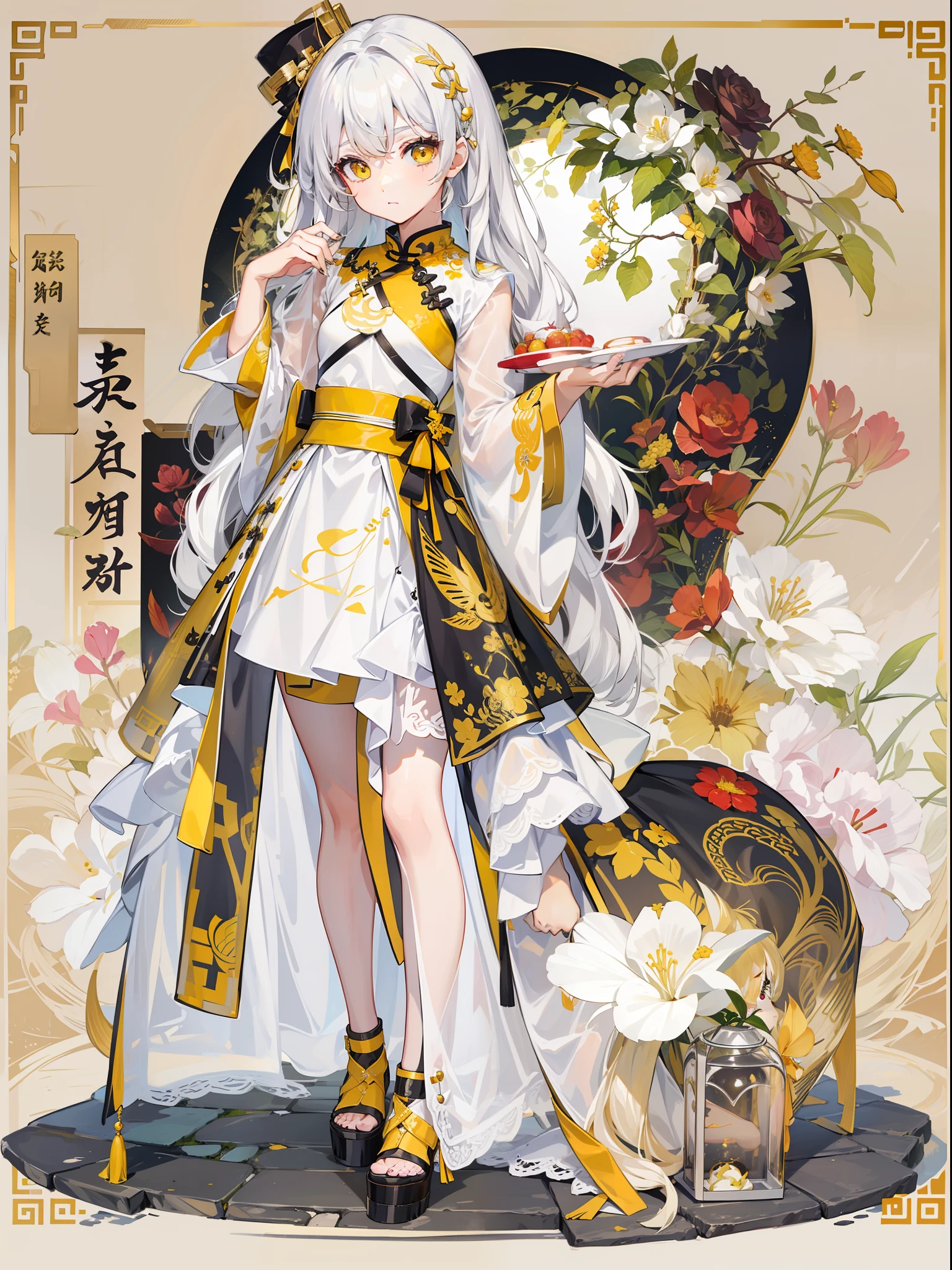 ,Yellow eyes,white color hair,Black gold-rimmed cheongsam
