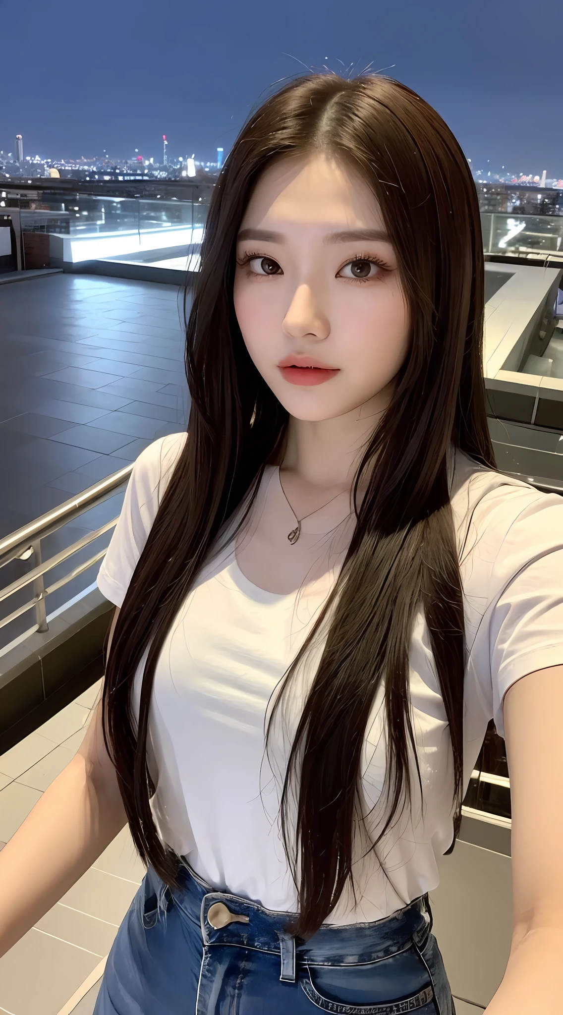 ((Midnight, Best quality, 8k, Masterpiece :1.3)), Whole body, Long legs, Sharp focus :1.2, A pretty woman with perfect figure :1.4, Slender abs :1.1, ((Dark brown hair, Big breasts :1.2)), (White tight tshirt, Jean bib, Standing:1.2), ((Night city view, Rooftop:1.3)), Highly detailed face and skin texture, Detailed eyes, Double eyelid