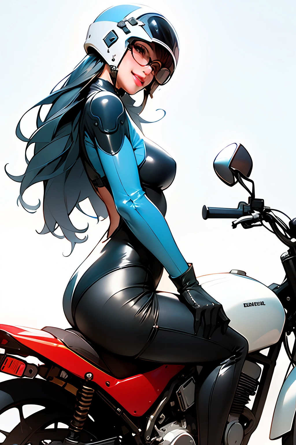 masterpiece, (masterpiece, top quality, best quality),1girl, solo, bodysuit, breasts, long hair, white background, smile, simple background, medium breasts, helmet, looking at viewer, skin tight, sitting, lips, blue bodysuit, motorcycle, black gloves, gloves