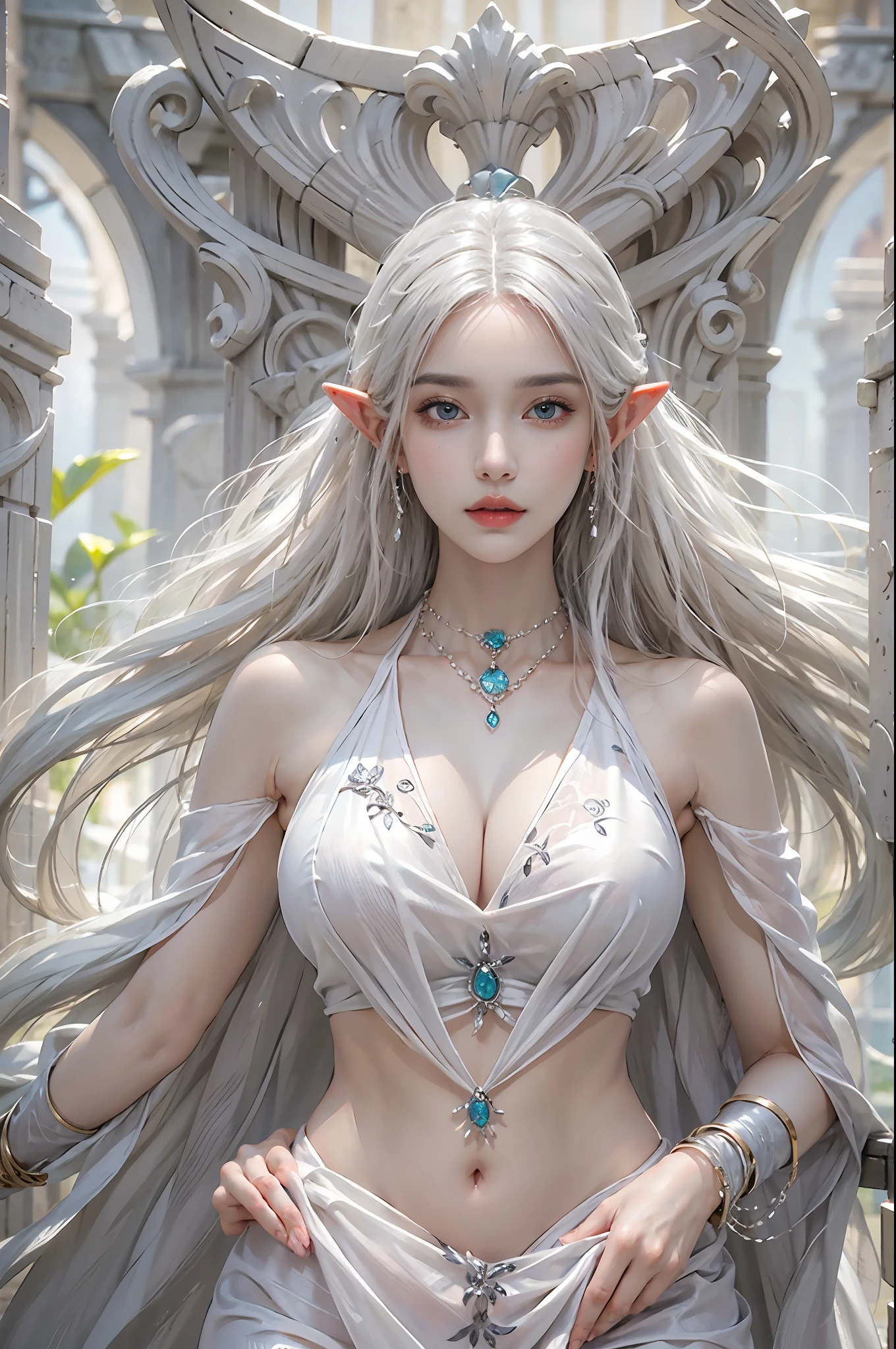 photorealistic, high resolution, 1 woman, solo, hips up, detailed face, beautiful eyes, narrow waist, white hair, long hair, huge breast, bracelets,elegant necklace, elegant diamond earrings, slave dress, earrings, elf, fantasy