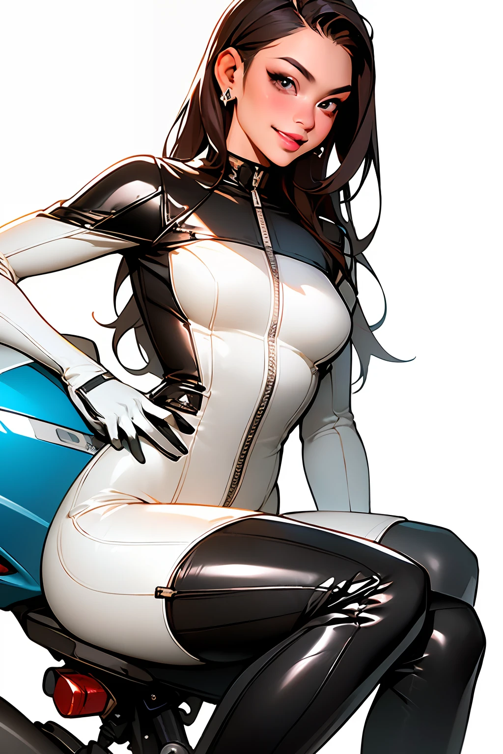 masterpiece, (masterpiece, top quality, best quality),1girl, solo, bodysuit, breasts, long hair, white background, smile, simple background, medium breasts, helmet, looking at viewer, skin tight, sitting, lips, blue bodysuit, motorcycle, black gloves, gloves