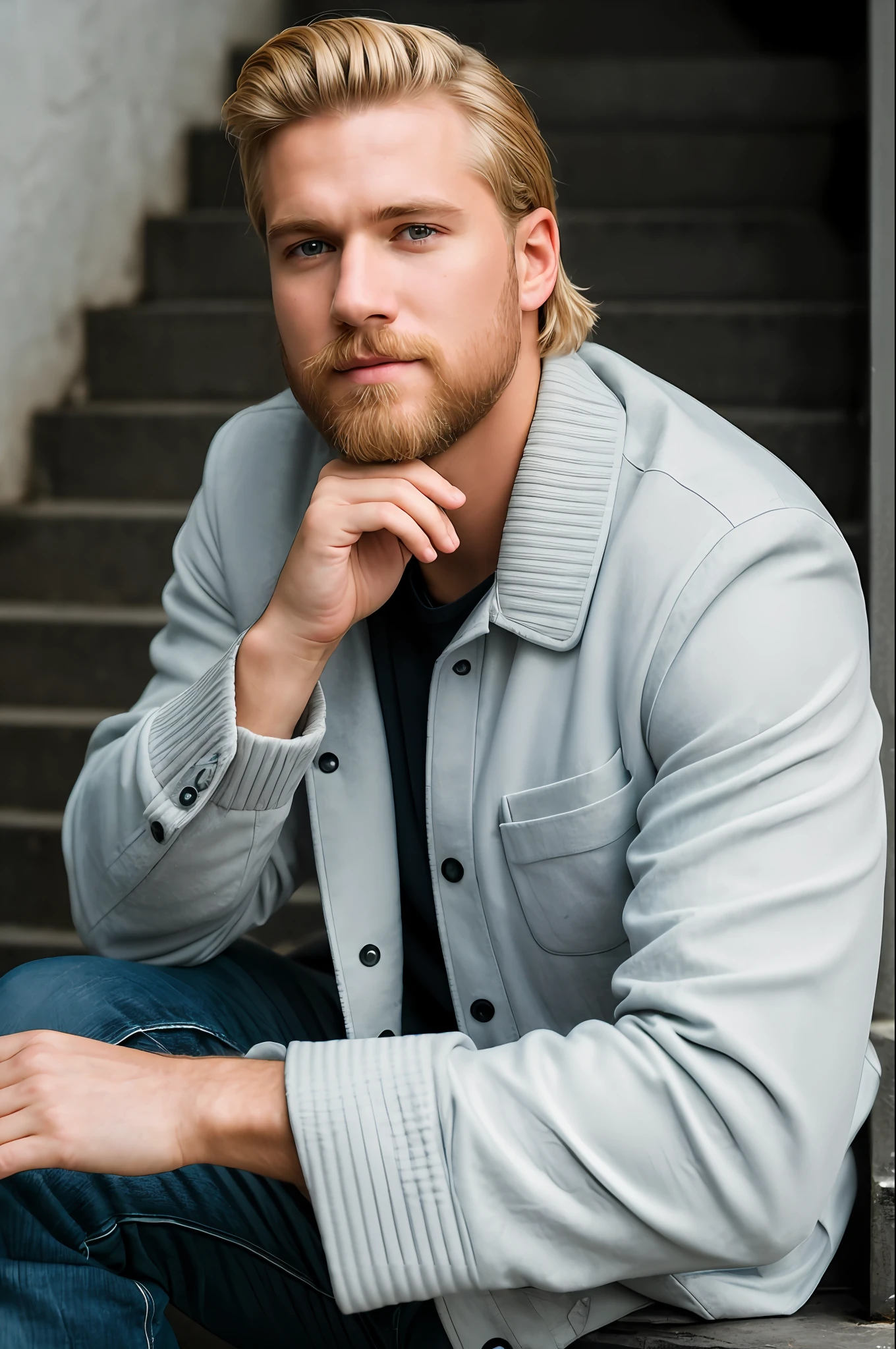 masterpiece, best quality, 8k, raw, canon 5d, f/1.8, iso 6400, RAW Photo,
A handsome blond man with a beard sitting on a staircase outside his house, (Best Quality), (Ultra Sharp), (Ultra Realistic), (Ultra Resolution), (Ultra Detailed), (Ultra Definition), 8k, HD , realistic image, DSLR , detailed skin, detailed face, hyper realistic, (highly detailed skin: 1.2), 8k uhd, dslr, soft lighting, high quality, film grain, Fujifilm XT3