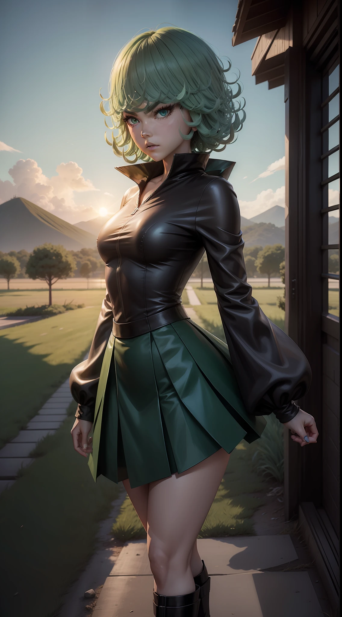 Full body shot of a real life tatsumaki from one punch man, solo, flying in the sky, black and blue slit skirt, scene in green field, with green curly hair. Perfect body composition, perfect art work drawn by AI, responsible for the layout. Real person sexy blue eyes, real face, pretty darn cute, nagito komaeda, style 3D anime style 8k, demon slayer fan art, epic anime style, stylized anime, anime style digital art, digital art from danganronpa, realistic art style. highest image quality, most detailed, high octane, detailed everything 3D quality 8k