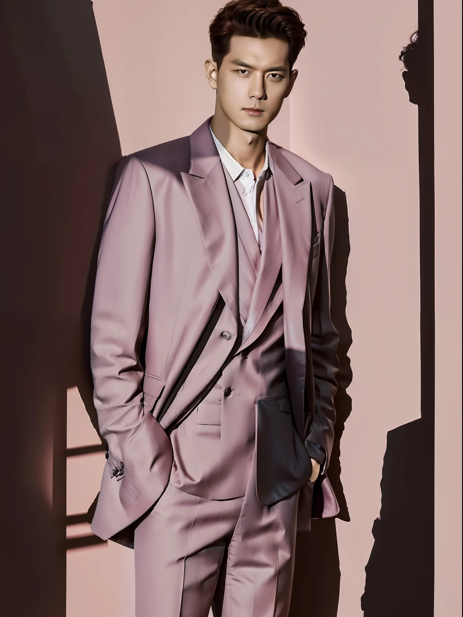 1 man,high qulity,high detal,tmasterpiece,Photo shooting,Handsome,Realiy,Pink suit, magazine, super short hair, brown hair,strong,light and shadow, background,