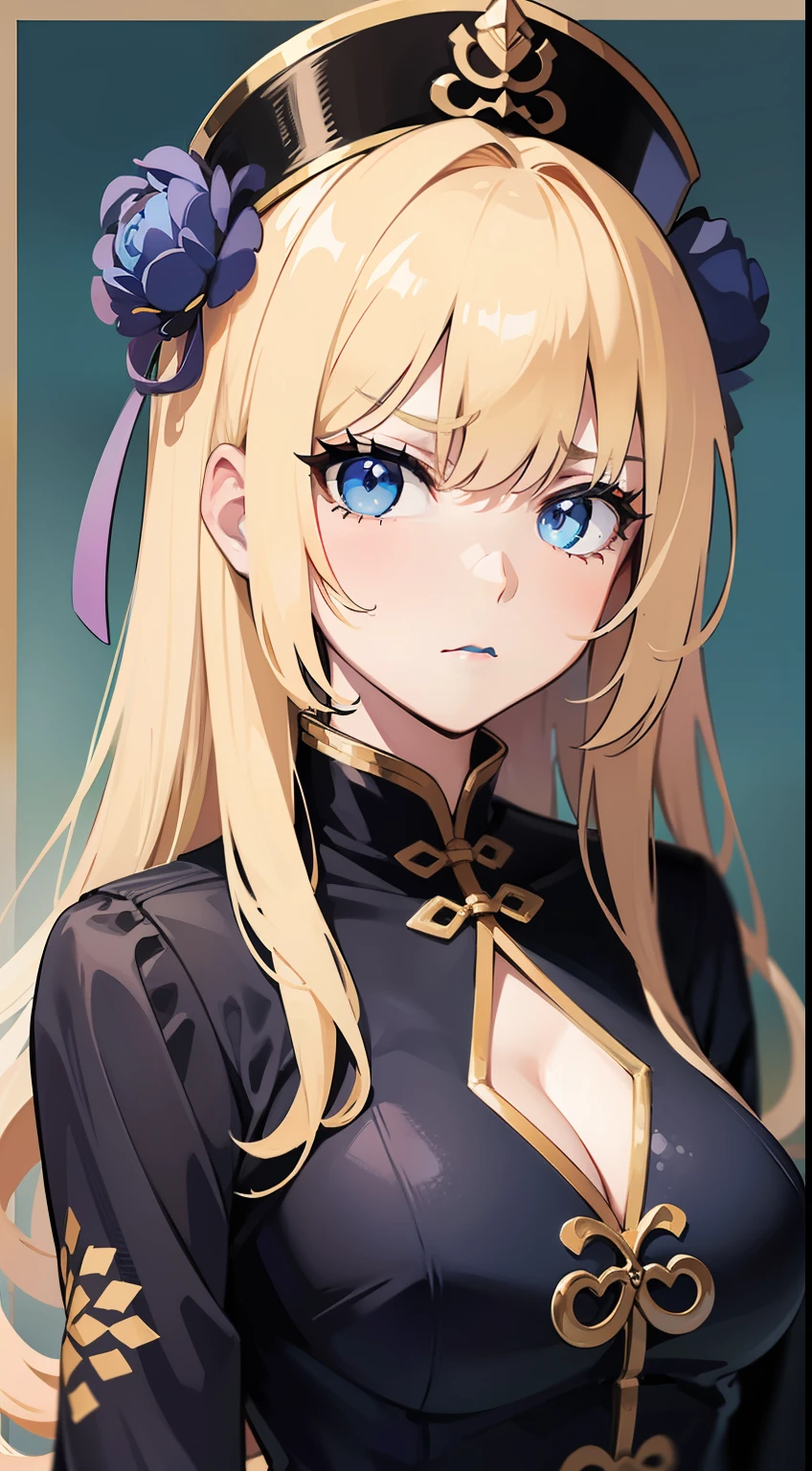 Adult woman, longue blonde hair, The eyes are blue, Black Chinese dress, frown, blue lipstick, Masterpiece, hiquality