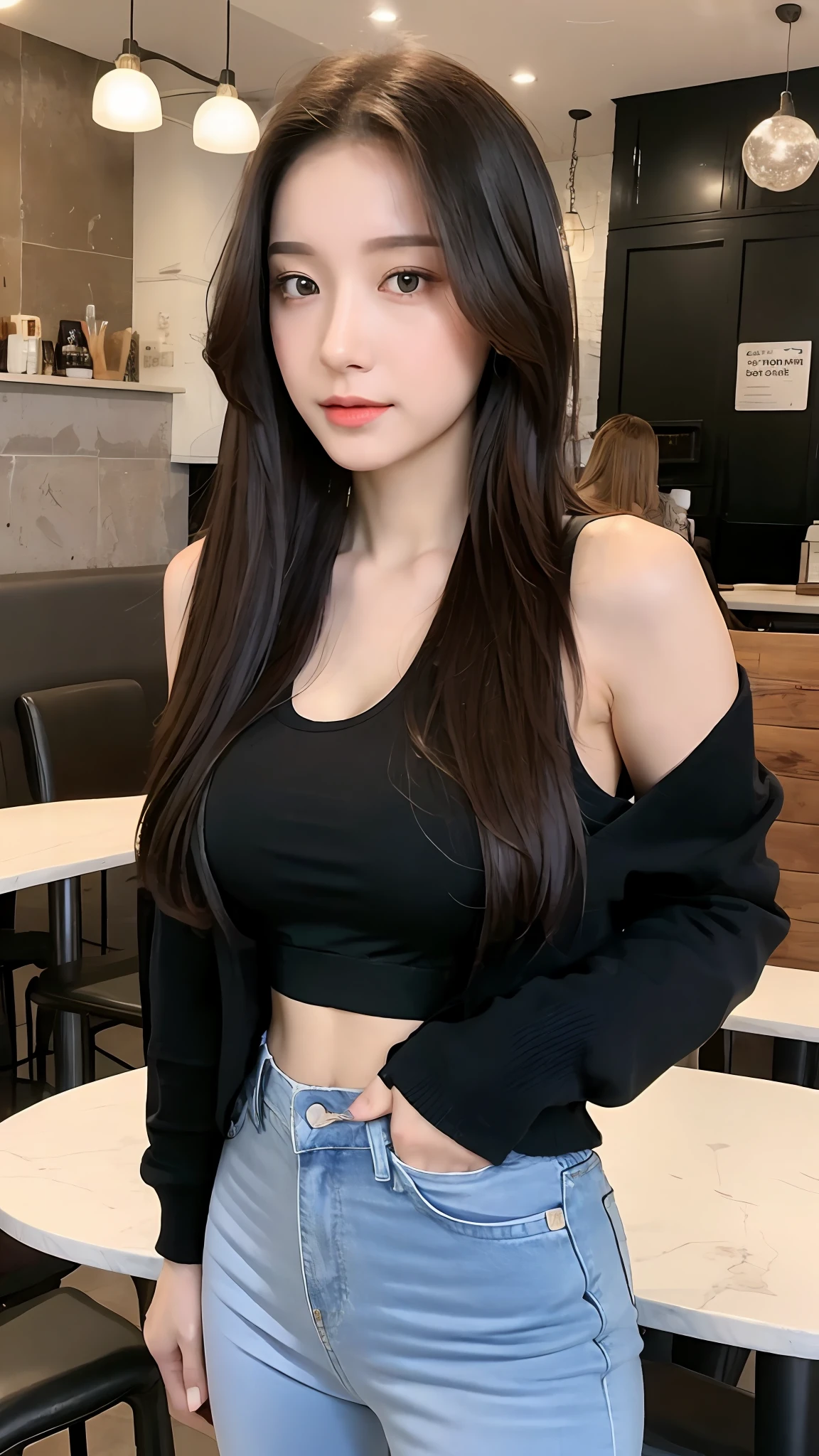 (realisticlying, A high resolution:1.3), 1 girl with a perfect body, Super fine face and eyes,long whitr hair, Tank top of random colors:1.2, short jeans pants, in a cafe, Coffee on the table, huge tit,Tights wear a black jacket,The hands are on the back。