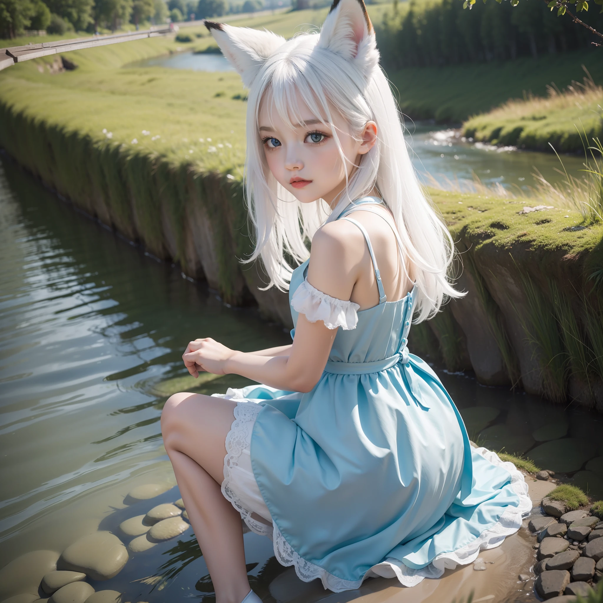 Charming little sister,White color hair,fox ear,White and blue dress,River side,Small rivers,steins,grassy fields,