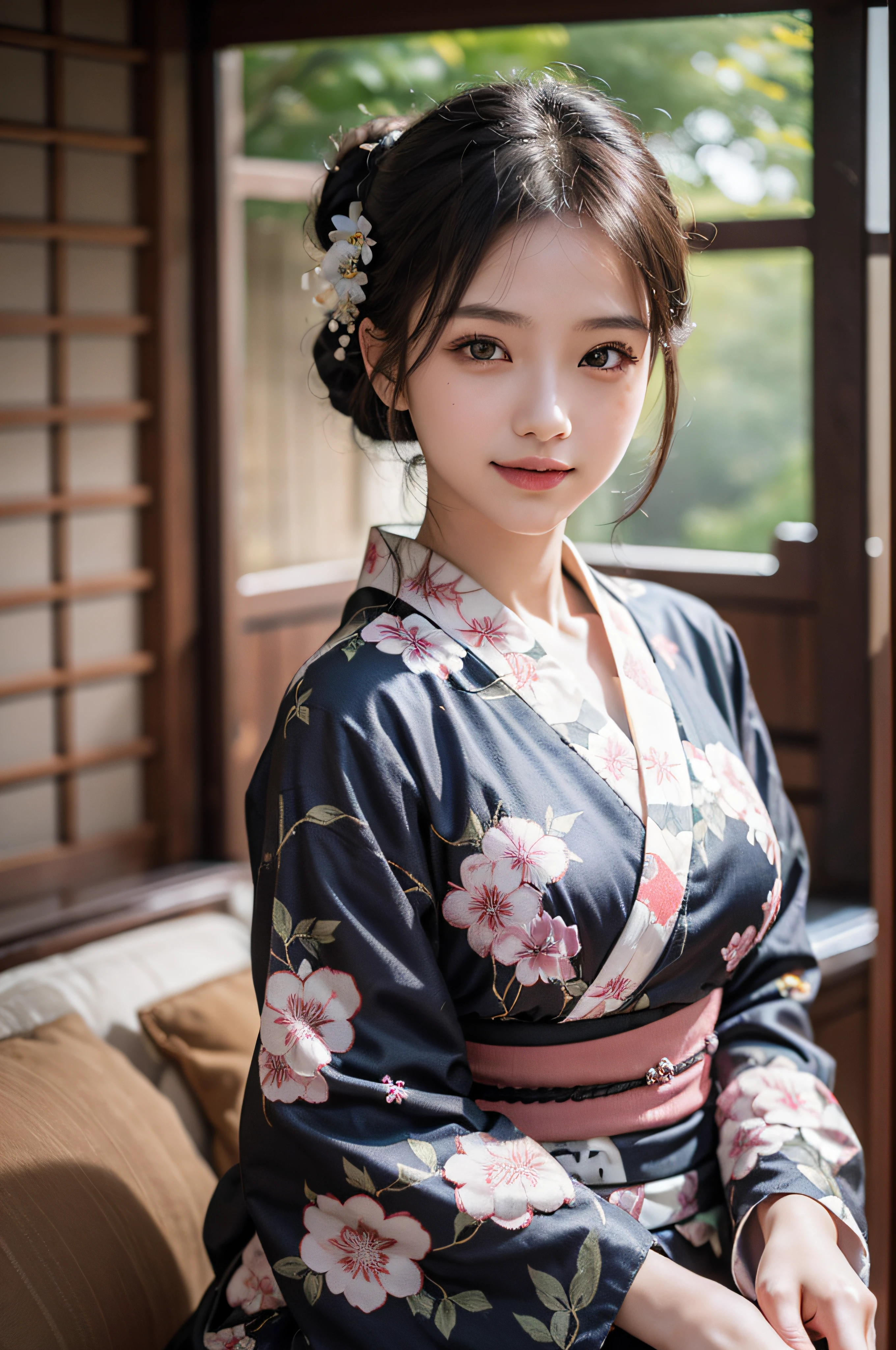 (Photorealsitic:1.4), (Top image quality:1.0), (超A high resolution:1.0), 8K, Raw photography, (​masterpiece:0.2), (pureerosface_v1:0.5)、(Best Quality Detail:1.2)、realisitic、8K UHD、hight resolution、(1girl in:1.2)、The ultra-detailliert、High quality textures、intricate detailes、detaileds、Very detailed CG、High quality shadows、Detail Beautiful delicate face、Detail Beautiful delicate eyes、depth of fields、Ray traching,1girl in, japanaese girl, Cute, slender, Black kimono, Kimono with Japanese pattern,Floral scrunchie, Beautiful skin, Facing the front,Sit down, Sit upright and say thank you,Align your hands elegantly,Smile faintly The Land of Japan,Japanese garden,Luxury Japanese-style room, skyporn, Magic Hour, (Realistic:1.3), Finely detailed, quality, (masutepiece:1.2), (Photorealistic:1.2), (Best Quality), (Intricate details), Dramatic, Ray tracing, photograph, +Lola