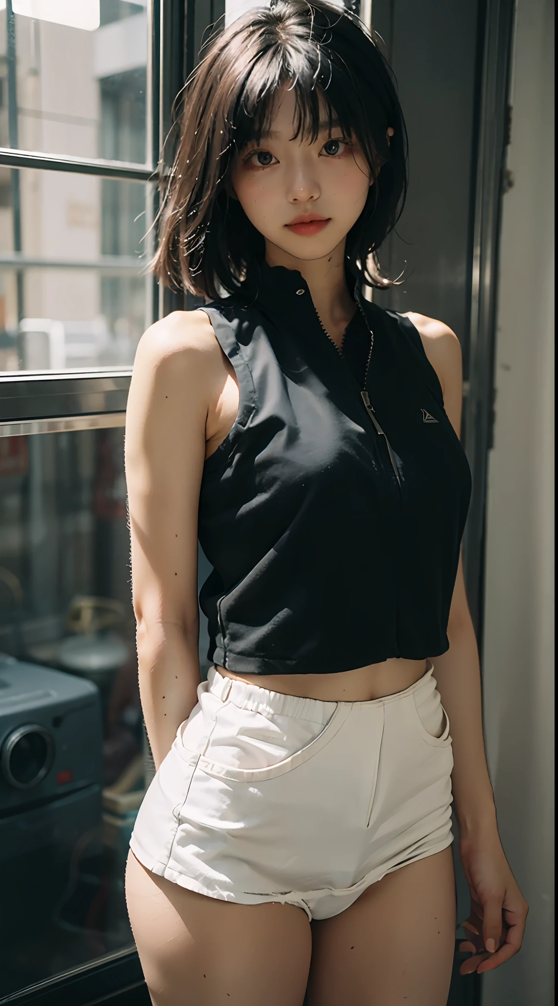 best qualtiy,tmasterpiece,超高分辨率,(fidelity:1.4),RAW photogr,1girl,cropped shoulders,cinmatic lighting,full bodyesbian,nabel,Vest line