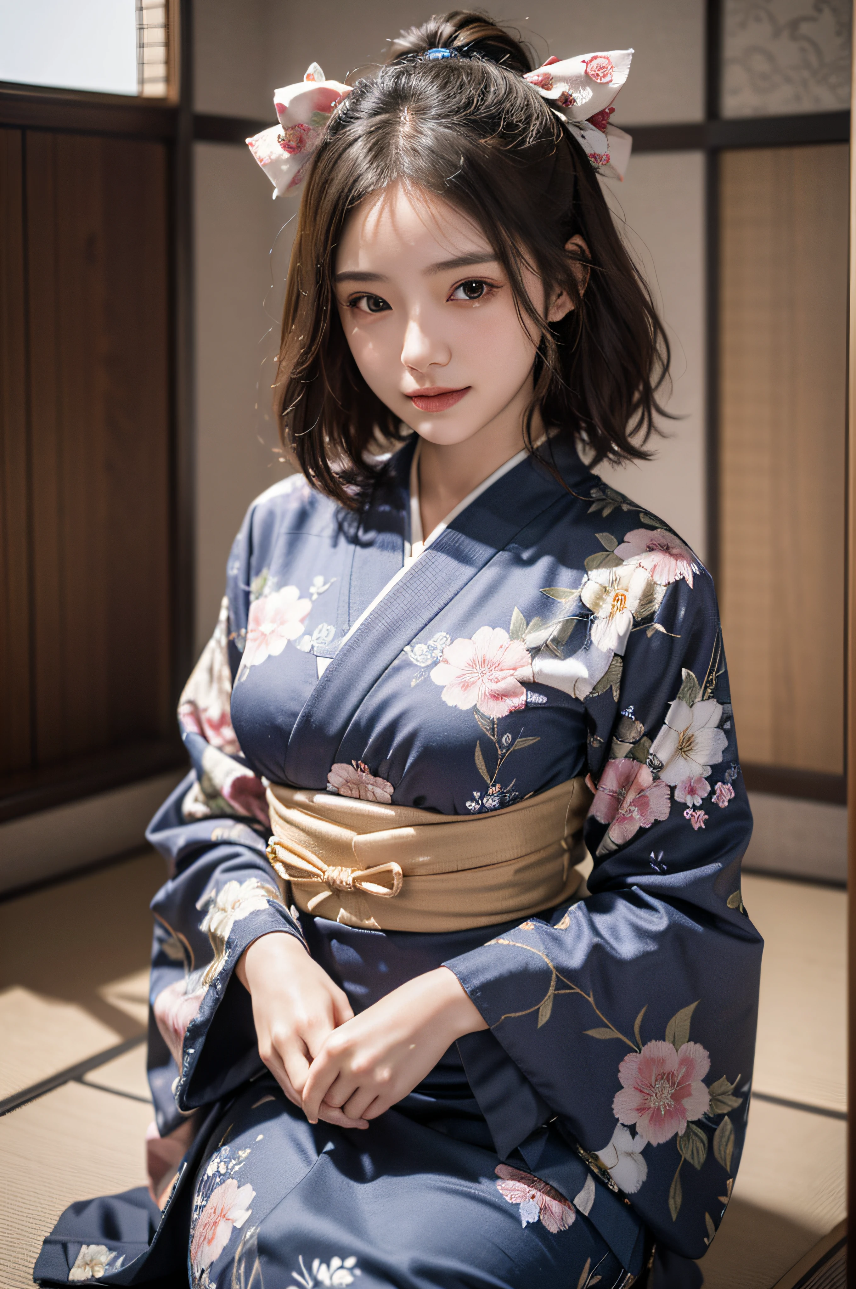 (Photorealsitic:1.4), (Top image quality:1.0), (超A high resolution:1.0), 8K, Raw photography, (masterpiece:0.2), (pureerosface_v1:0.5)、(Best Quality Detail:1.2)、realisitic、8K UHD、hight resolution、(1girl in:1.2)、The ultra-detailliert、High quality textures、intricate detailes、detaileds、Very detailed CG、High quality shadows、Detail Beautiful delicate face、Detail Beautiful delicate eyes、depth of fields、Ray traching,1girl in, japanaese girl, Cute, slender, Black kimono, Kimono with Japanese pattern,Floral scrunchie, Beautiful skin, Facing the front,Sit down, Sit upright and say thank you,Align your hands elegantly,Smile faintly The Land of Japan,Japanese garden,Luxury Japanese-style room, skyporn, Magic Hour, (Realistic:1.3), Finely detailed, quality, (masutepiece:1.2), (Photorealistic:1.2), (Best Quality), (Intricate details), Dramatic, Ray tracing, photograph, +Lola