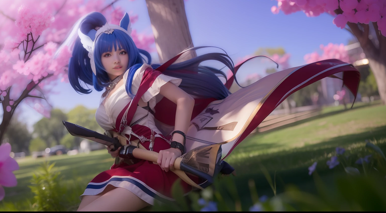 1girl, best quality, high quality, realistic, ultra detail, blue hair, dress red white, arc,