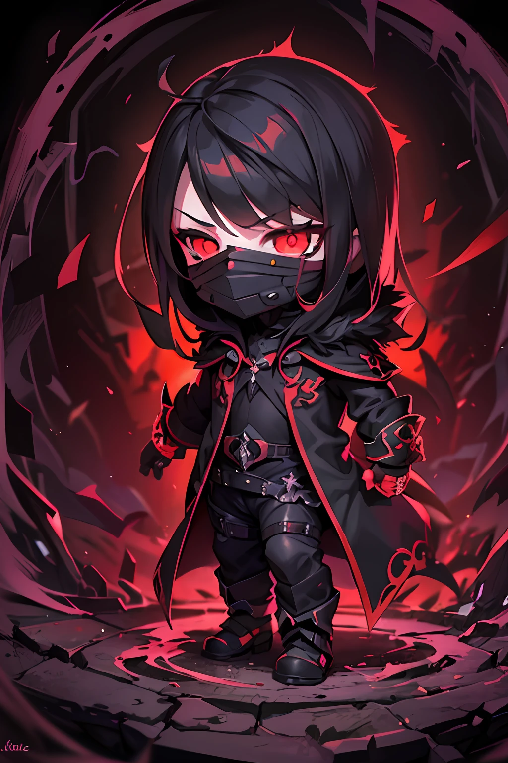 chibi dark horror fanart, dark art, badass, dark magic art, dark nightmare,, in the style of geopunk, light black and red, kingcore, lucid developments of his subjects, epic, glorious, anime art