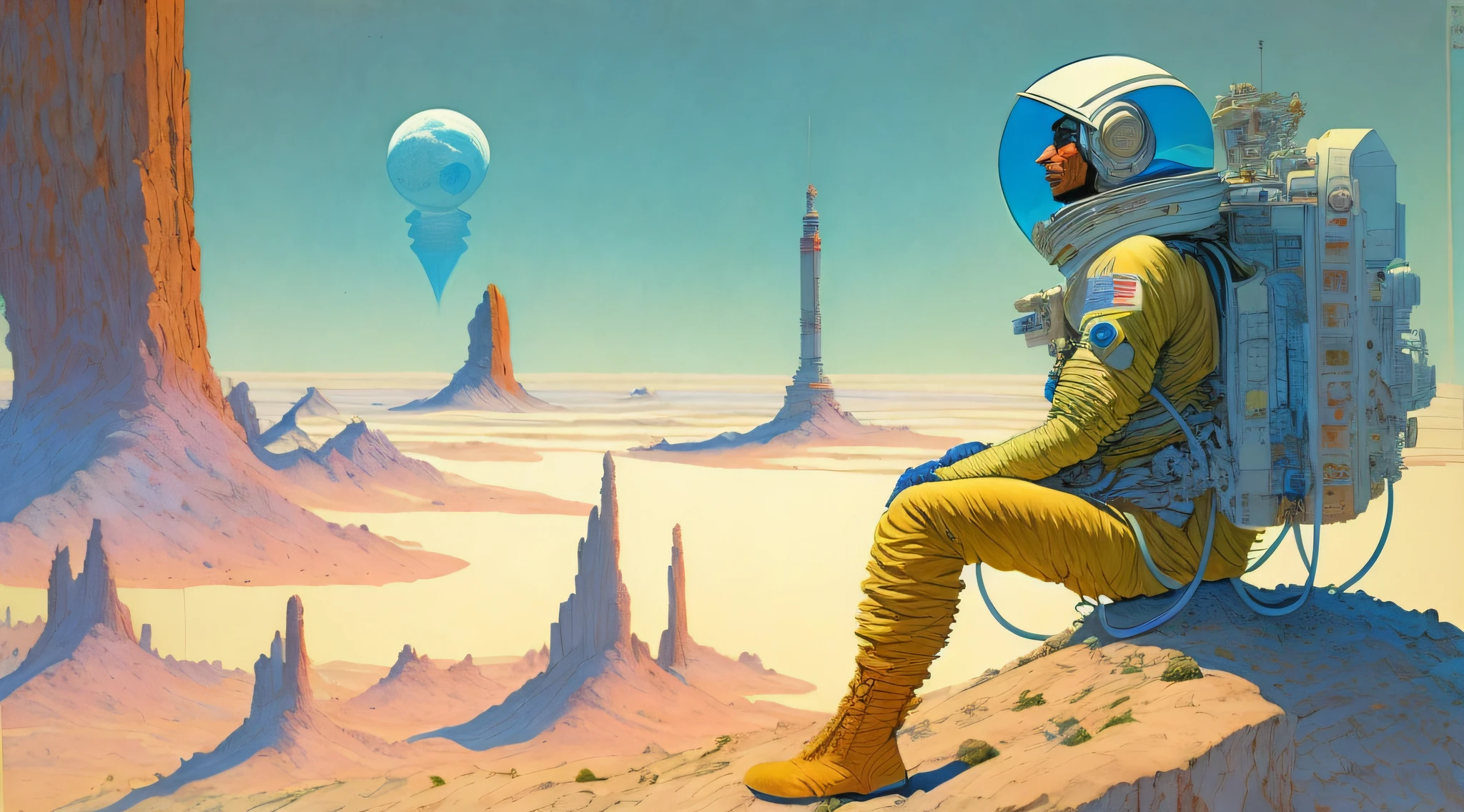 a painting of a Astronaut in Space Suit, standing on a cliff with a large spaceship in the background by Moebius Jean Giraud