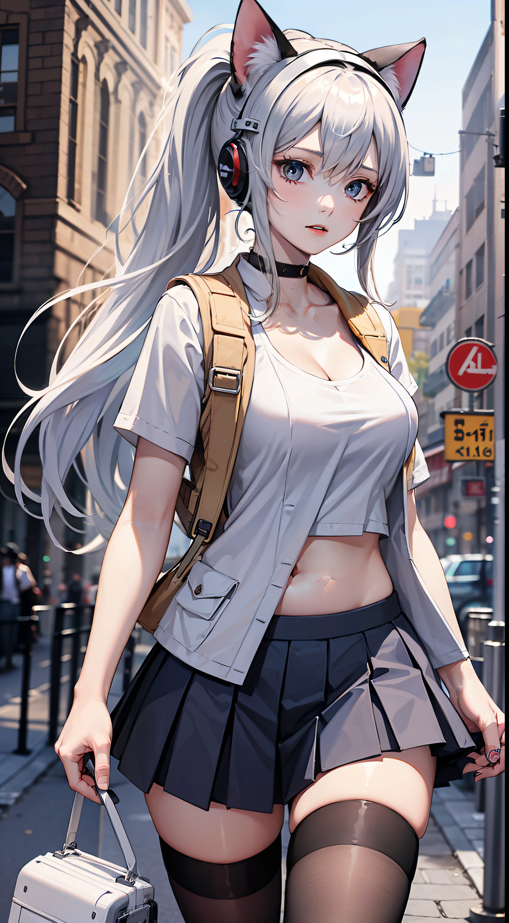 A girl, (adult female: 1.21), white short sleeves, with a white helmet, (collarbone: 1.1), (white vest: 1.11), (belly button), (white long hair: 1.1), ponytail, black eyes, Pleated skirts, skirts, busts, dove circles, carrier pigeons, cat helmets, Band-Aids, wounds, busts,